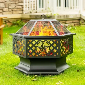 28 Inch Hex-Shaped Fire Pit,Wood Burning Fire Pits for Outside with Spark Screen&Poker,Metal Hexagon Outdoor Firepit for Backyard,Bonfire,Patio,Party,Garden,Picnic and Camping,Black