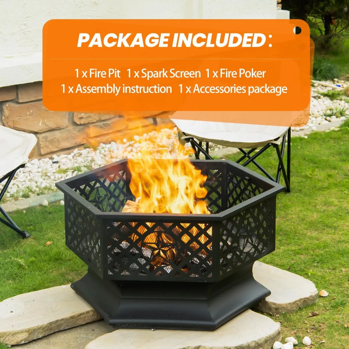 28 Inch Hex-Shaped Fire Pit,Wood Burning Fire Pits for Outside with Spark Screen&Poker,Metal Hexagon Outdoor Firepit for Backyard,Bonfire,Patio,Party,Garden,Picnic and Camping,Black