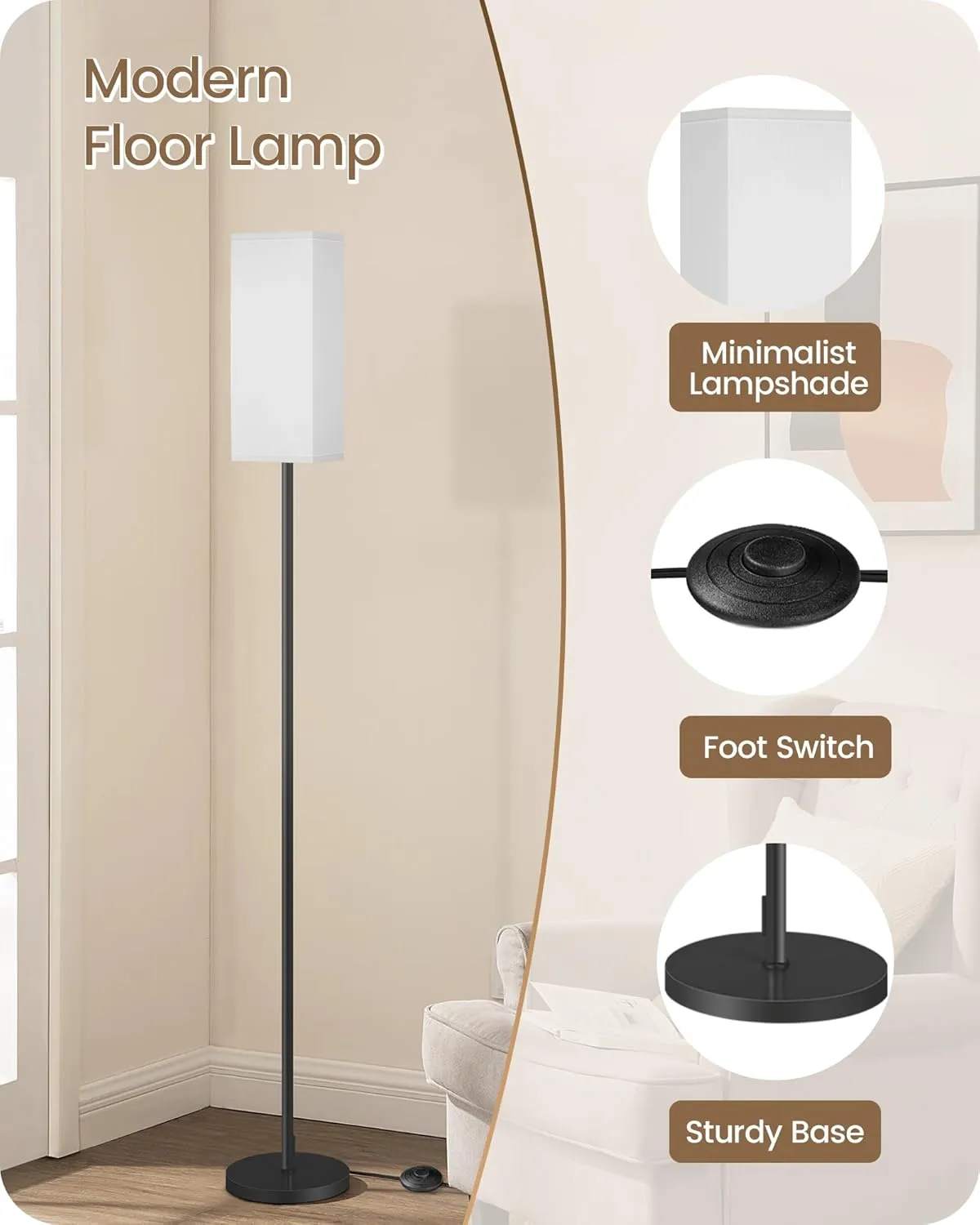 2Pack Floor Lamp, Pole Lamp with Foot Switch, Modern Standing Lampshade, Minimalist Freestanding Lamp (Bulb Not Included), for Living Room, Bedroom, Office, Black and White CW07LDP205