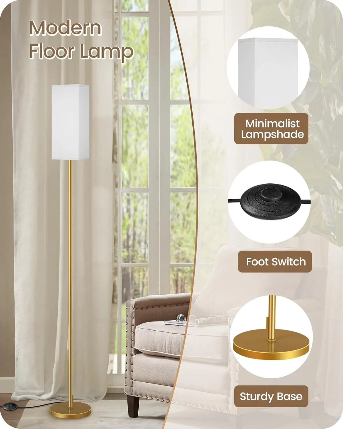 2Pack Floor Lamp, Pole Lamp with Foot Switch, Modern Standing Lampshade, Minimalist Freestanding Lamp (Bulb Not Included), for Living Room, Bedroom Office Gold and White DCW07LDP205
