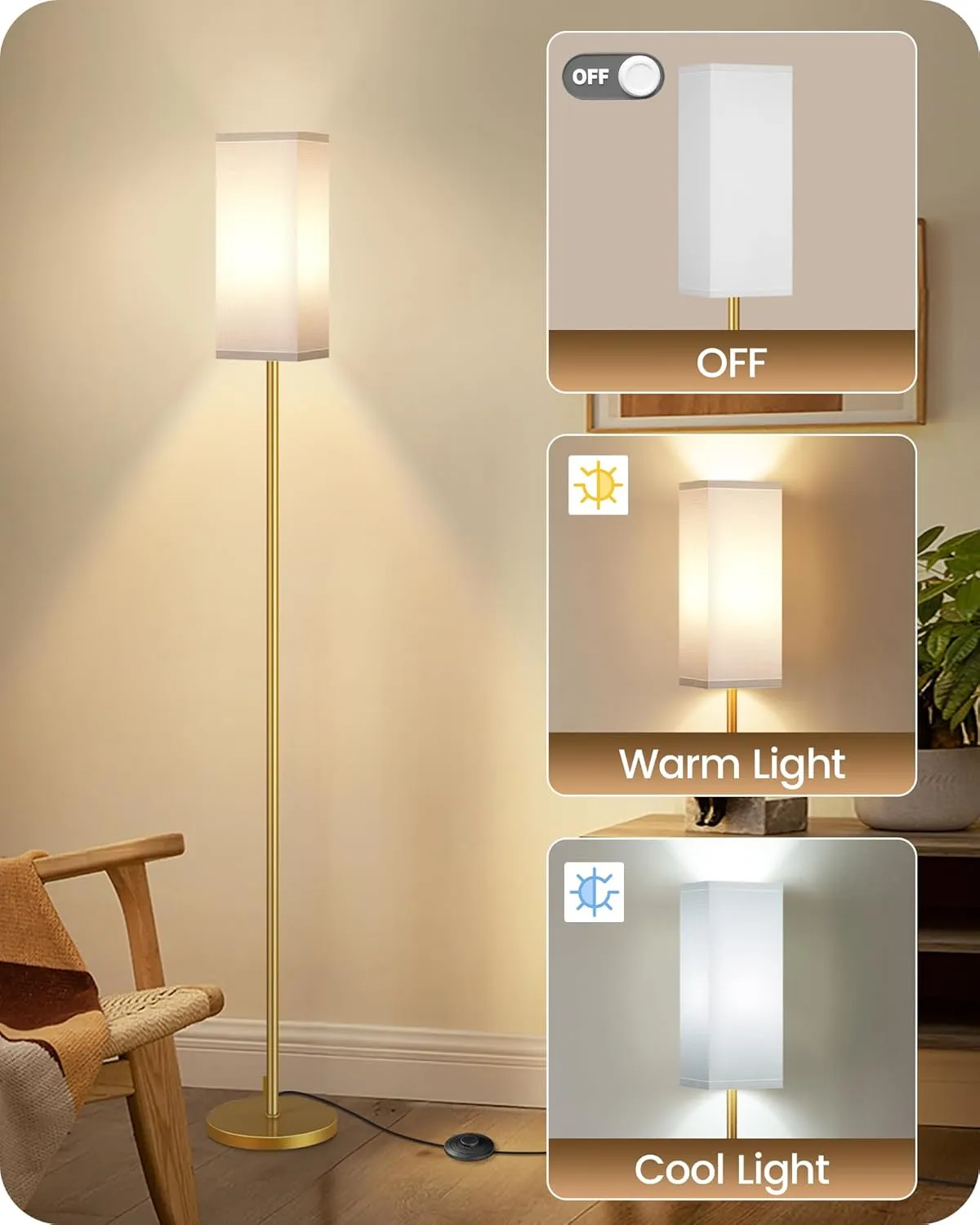 2Pack Floor Lamp, Pole Lamp with Foot Switch, Modern Standing Lampshade, Minimalist Freestanding Lamp (Bulb Not Included), for Living Room, Bedroom Office Gold and White DCW07LDP205