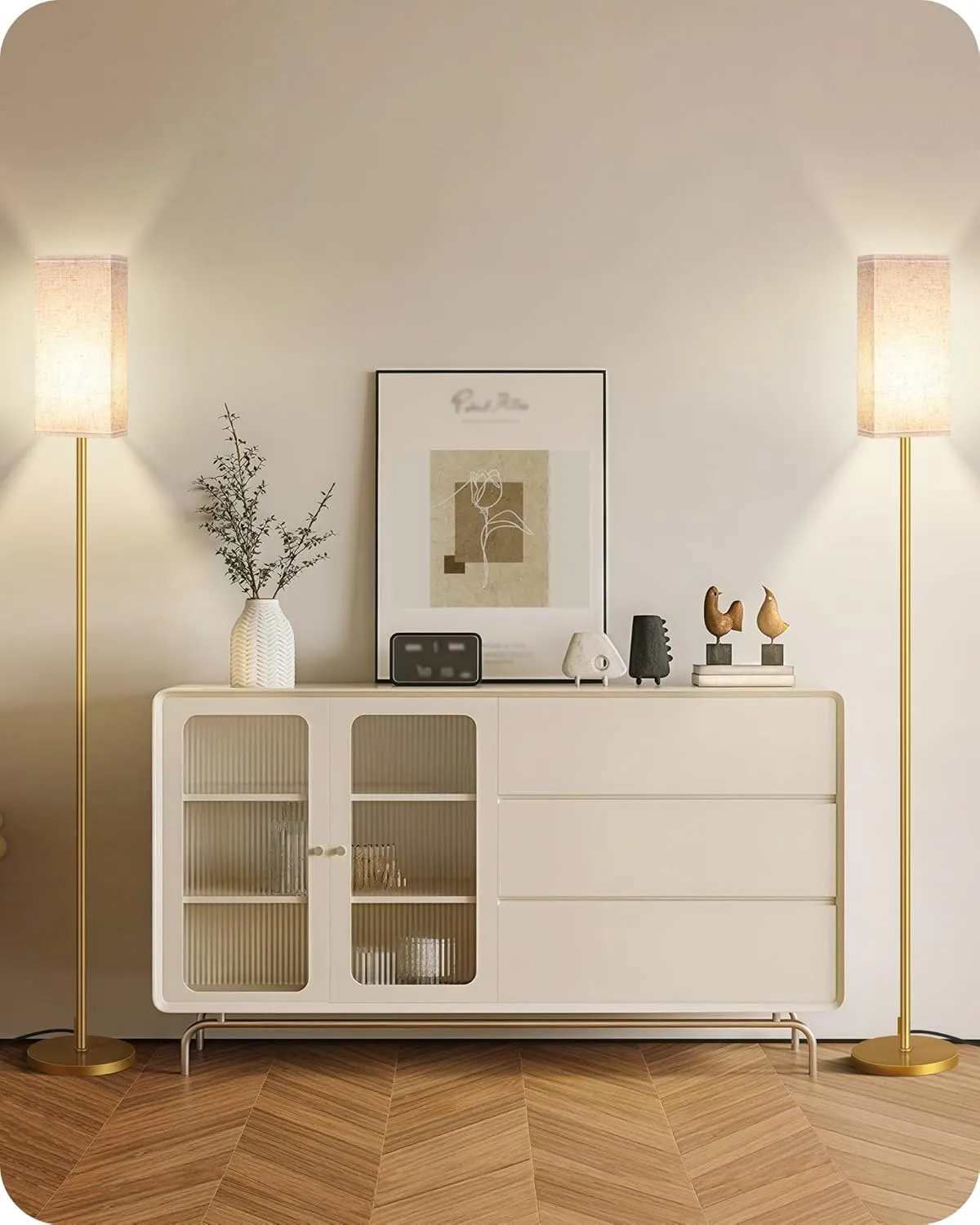 2Pack Floor Lamp, Pole with Foot Switch, Modern Standing Lamp Lampshade, Minimalist Freestanding Lamp (Bulb Not Included), for Living Room,Bedroom,Office,FCC Listed,Gold and Beige DE07LDP205