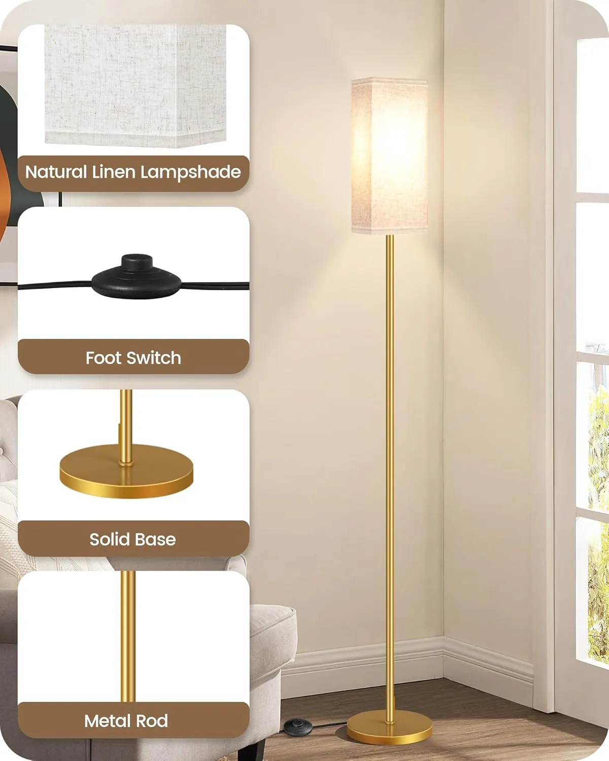 2Pack Floor Lamp, Pole with Foot Switch, Modern Standing Lamp Lampshade, Minimalist Freestanding Lamp (Bulb Not Included), for Living Room,Bedroom,Office,FCC Listed,Gold and Beige DE07LDP205