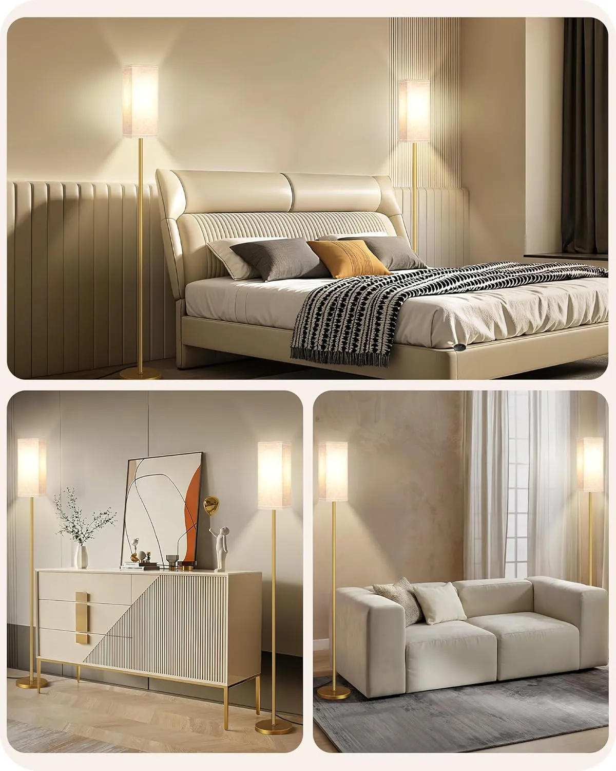 2Pack Floor Lamp, Pole with Foot Switch, Modern Standing Lamp Lampshade, Minimalist Freestanding Lamp (Bulb Not Included), for Living Room,Bedroom,Office,FCC Listed,Gold and Beige DE07LDP205