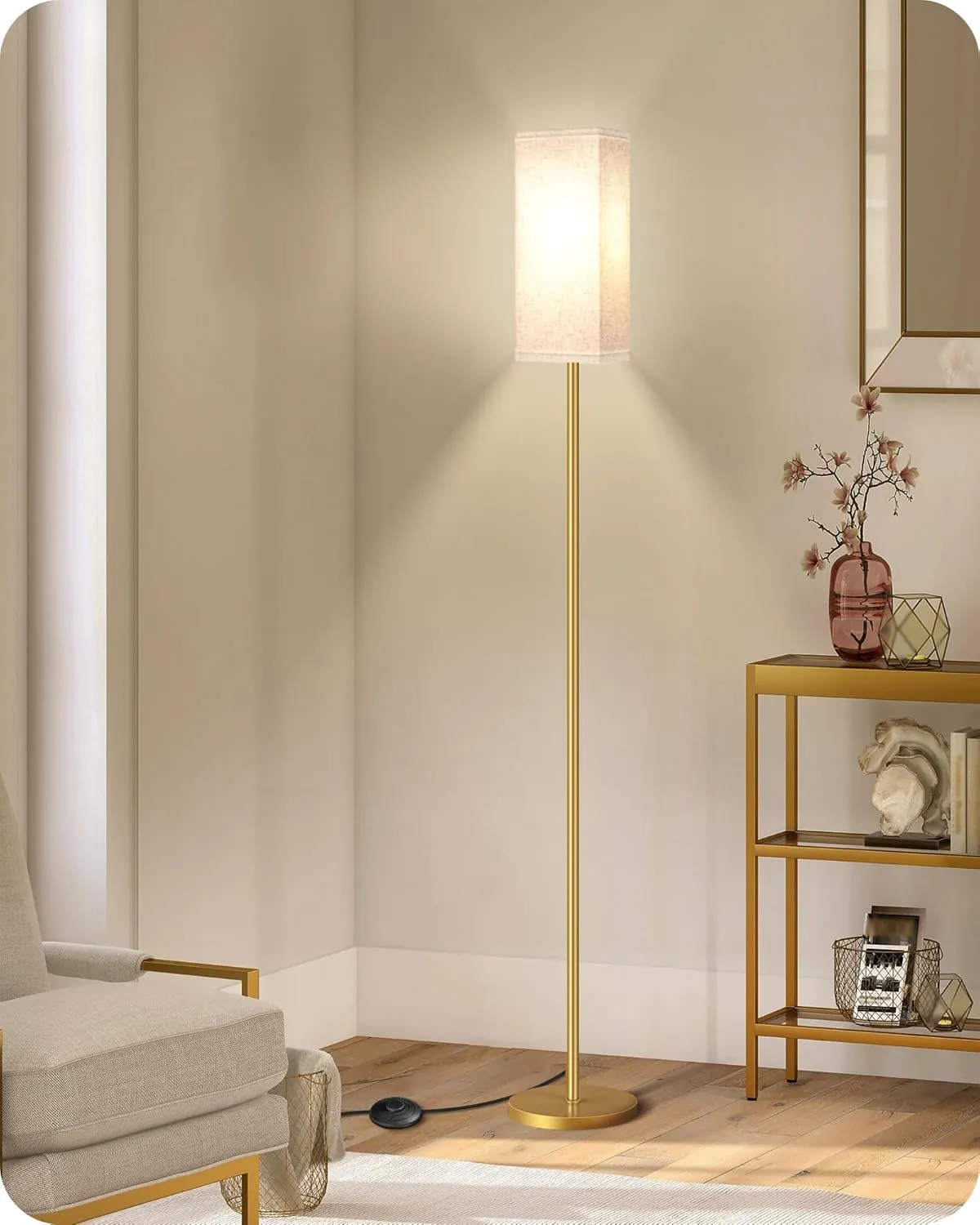 2Pack Floor Lamp, Pole with Foot Switch, Modern Standing Lamp Lampshade, Minimalist Freestanding Lamp (Bulb Not Included), for Living Room,Bedroom,Office,FCC Listed,Gold and Beige DE07LDP205