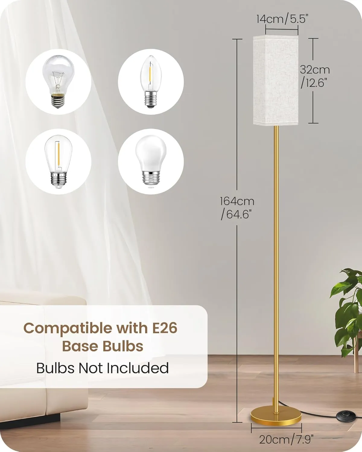 2Pack Floor Lamp, Pole with Foot Switch, Modern Standing Lamp Lampshade, Minimalist Freestanding Lamp (Bulb Not Included), for Living Room,Bedroom,Office,FCC Listed,Gold and Beige DE07LDP205