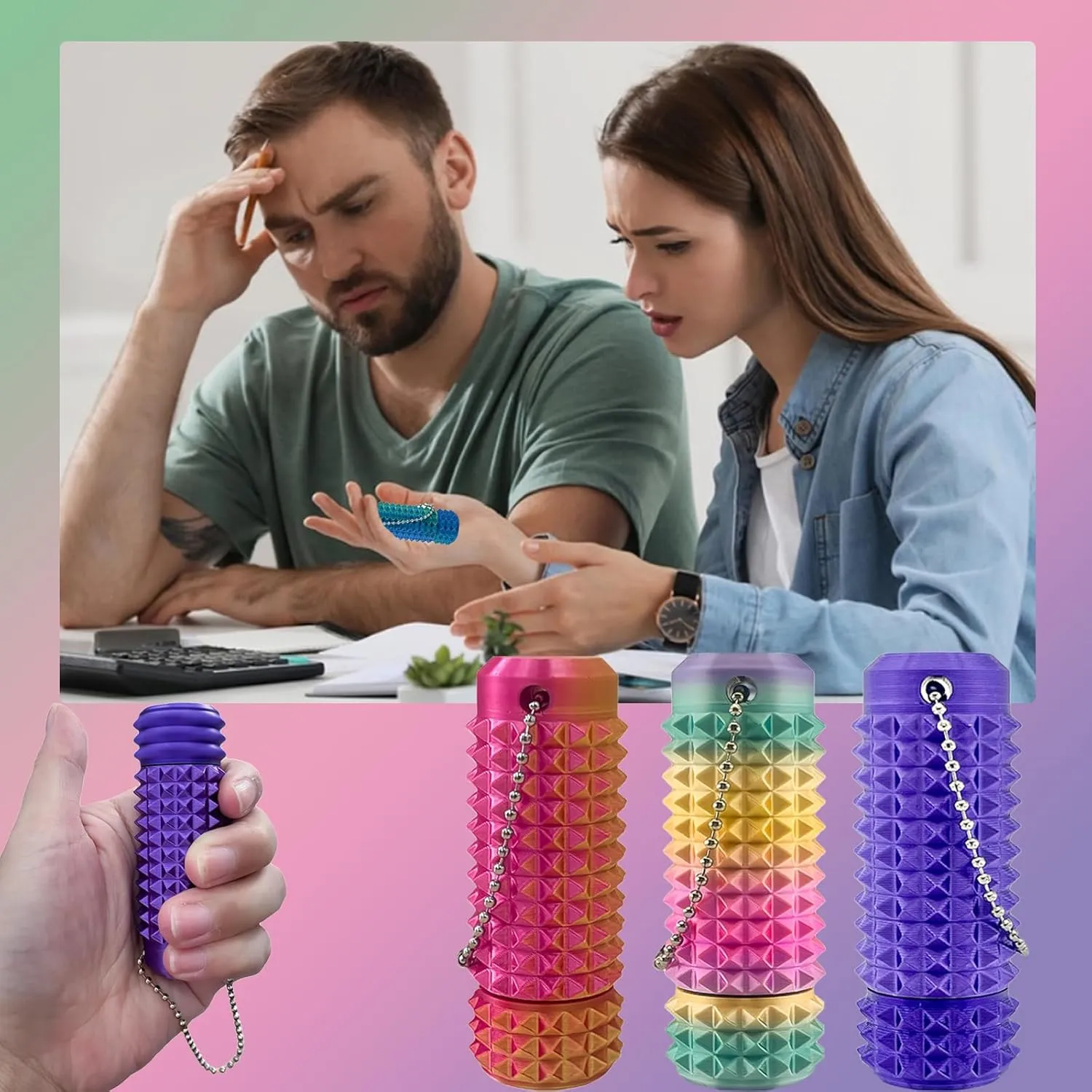 2Pcs Upgrade Little Pain Ouchies Pain Stim Fidget, 3D Printed Fidget Toys Anxiety Relief Items, Rotatable Grippie Stim Keychain, Stim Toys for Autistic Adults, Hard Spiky Sensory Toys, Novelty Gifts