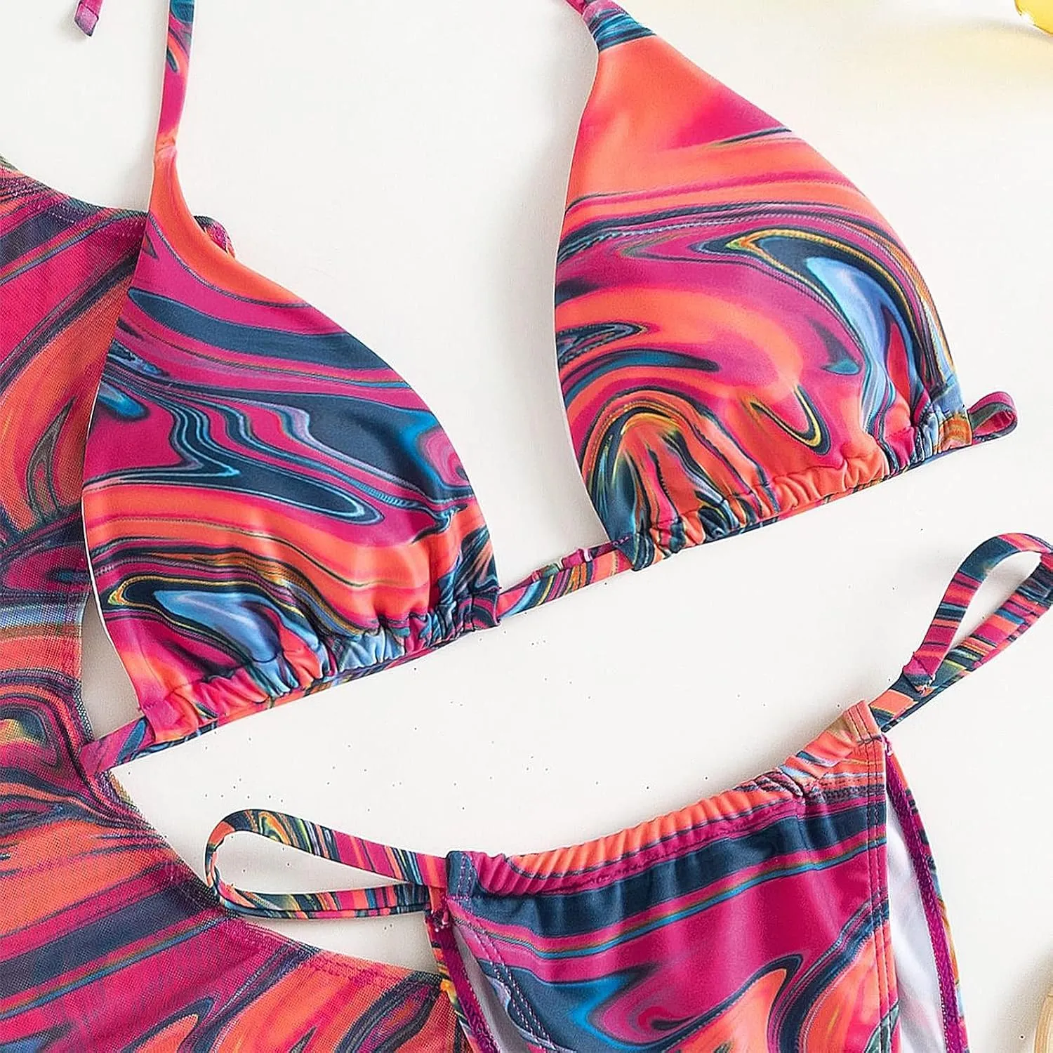 3 Piece Swimsuits for Women Padded Floral Print String Bikini Sets Bathing Suit Set Sexy Cutout High Neck Mesh Beach Cover Up
