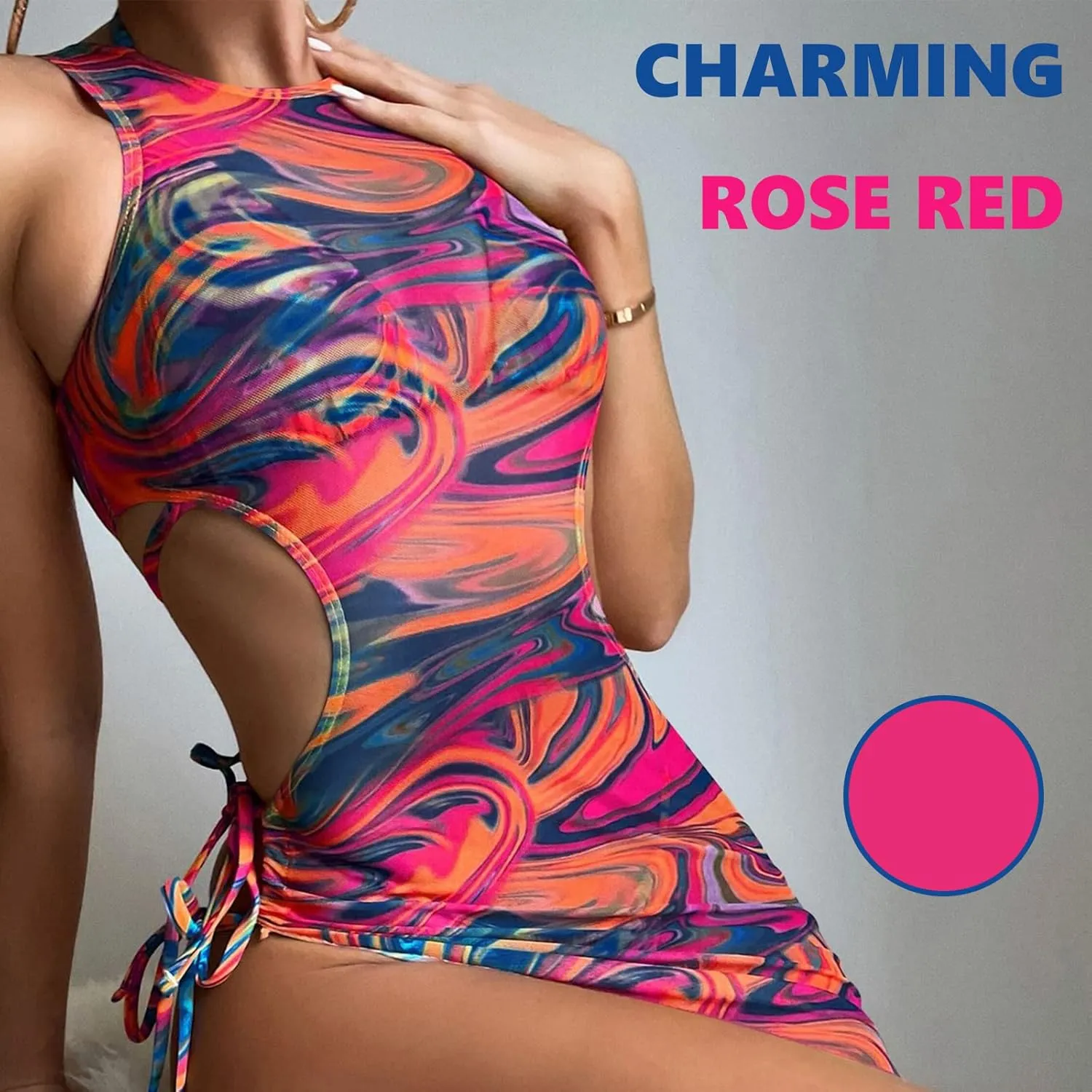 3 Piece Swimsuits for Women Padded Floral Print String Bikini Sets Bathing Suit Set Sexy Cutout High Neck Mesh Beach Cover Up