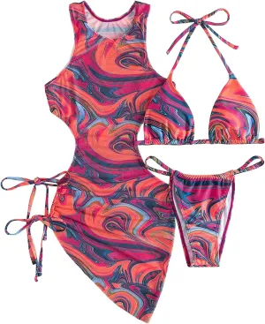 3 Piece Swimsuits for Women Padded Floral Print String Bikini Sets Bathing Suit Set Sexy Cutout High Neck Mesh Beach Cover Up