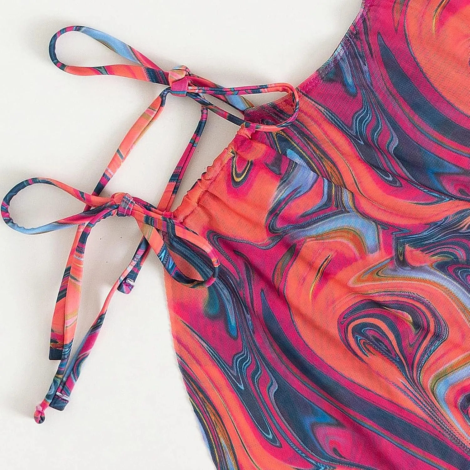 3 Piece Swimsuits for Women Padded Floral Print String Bikini Sets Bathing Suit Set Sexy Cutout High Neck Mesh Beach Cover Up