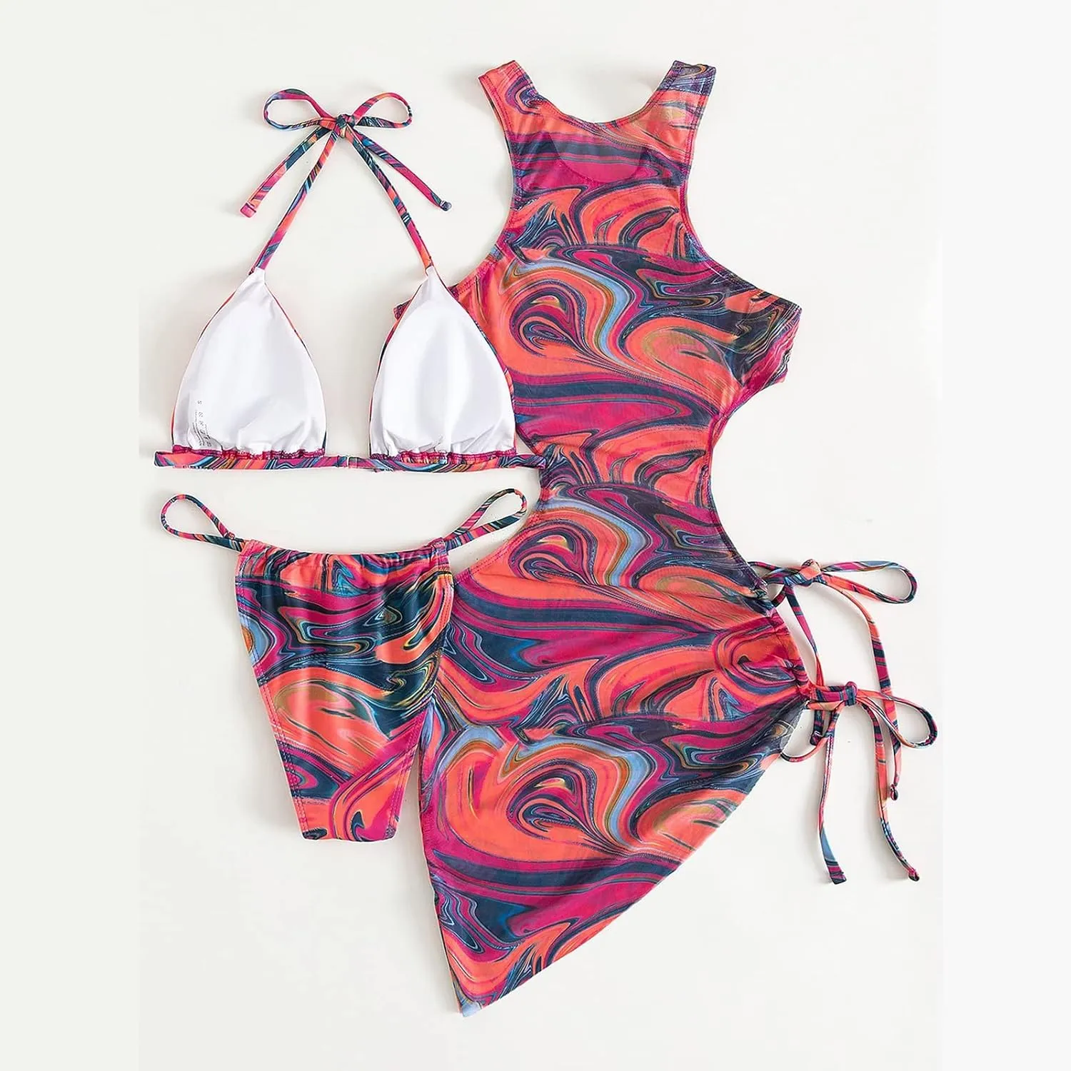 3 Piece Swimsuits for Women Padded Floral Print String Bikini Sets Bathing Suit Set Sexy Cutout High Neck Mesh Beach Cover Up