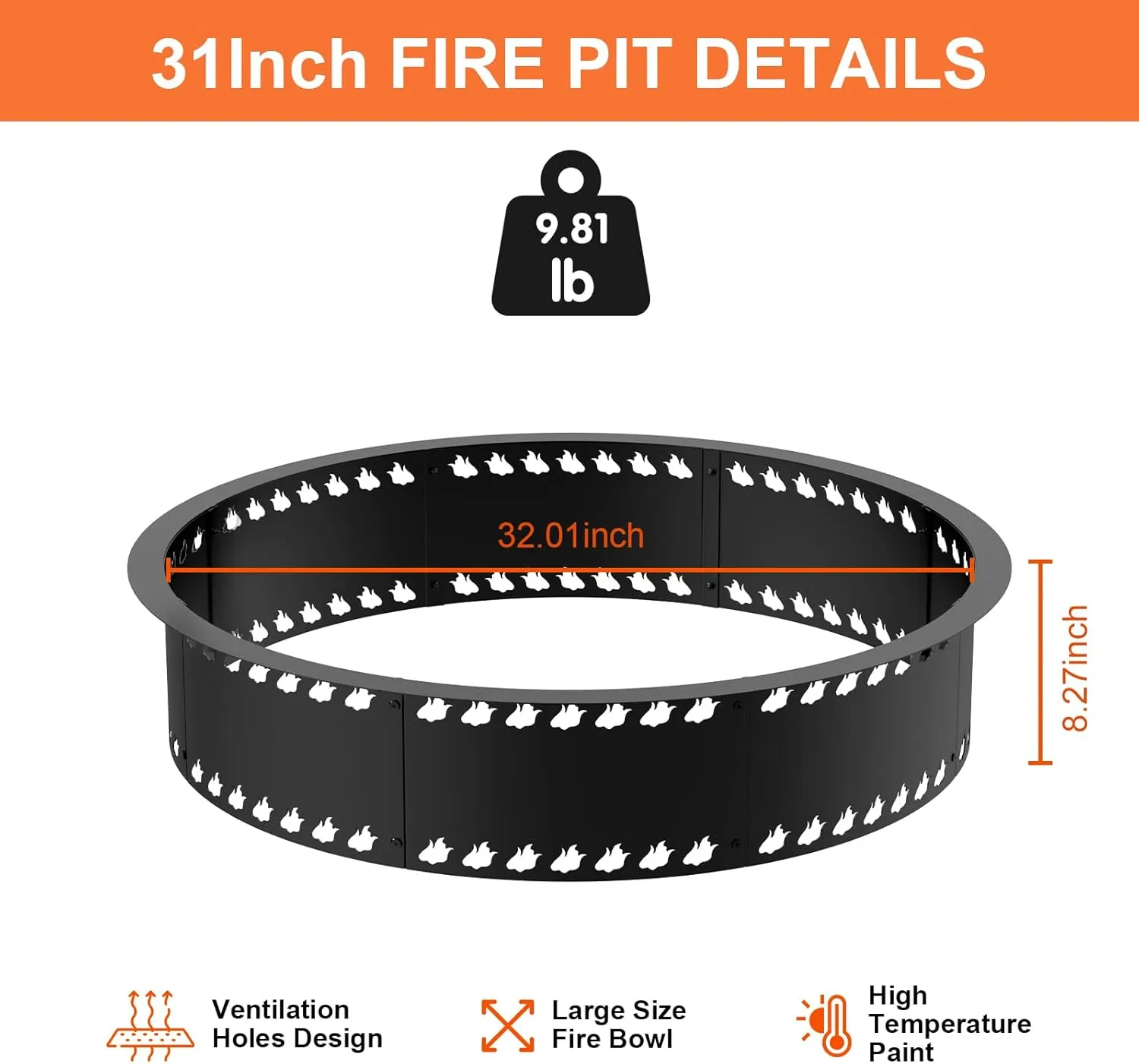 31inch Fire Pit Rings, DIY Smokeless Firepit Bowl Metal Fire Rings for Outside, Large Round Smokeless Firepit Insert, Heavy Duty Carbon Steel Fire pits for Camping and Patio