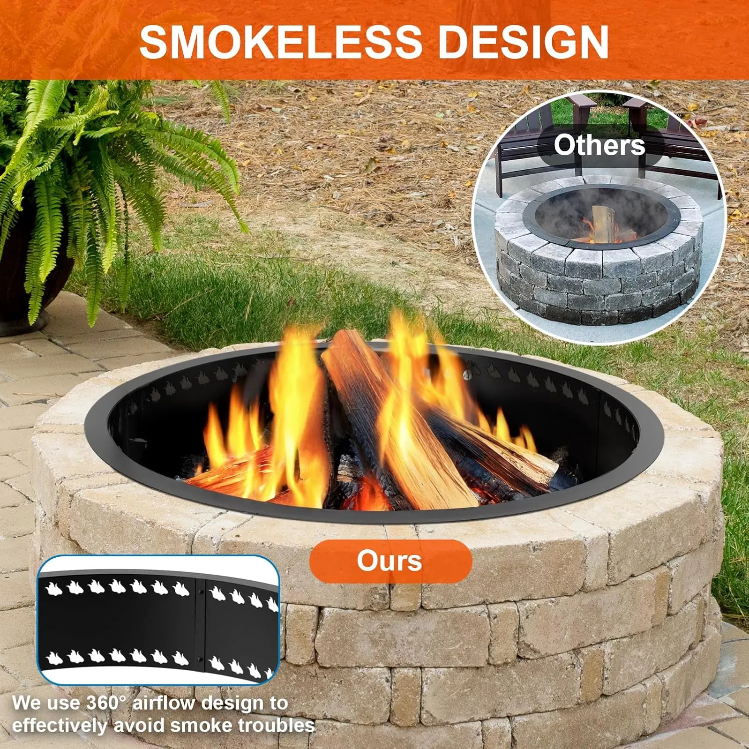 31inch Fire Pit Rings, DIY Smokeless Firepit Bowl Metal Fire Rings for Outside, Large Round Smokeless Firepit Insert, Heavy Duty Carbon Steel Fire pits for Camping and Patio