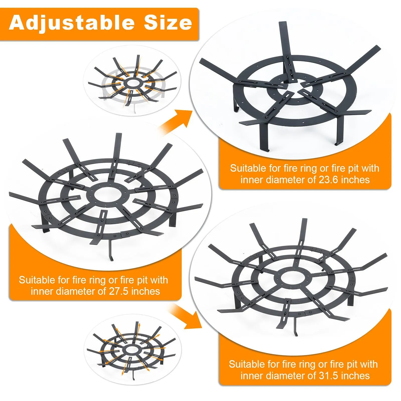 32 inch Round Adjustable Fire Grate, Heavy Duty, Smoke-Free Fire Pit Grate