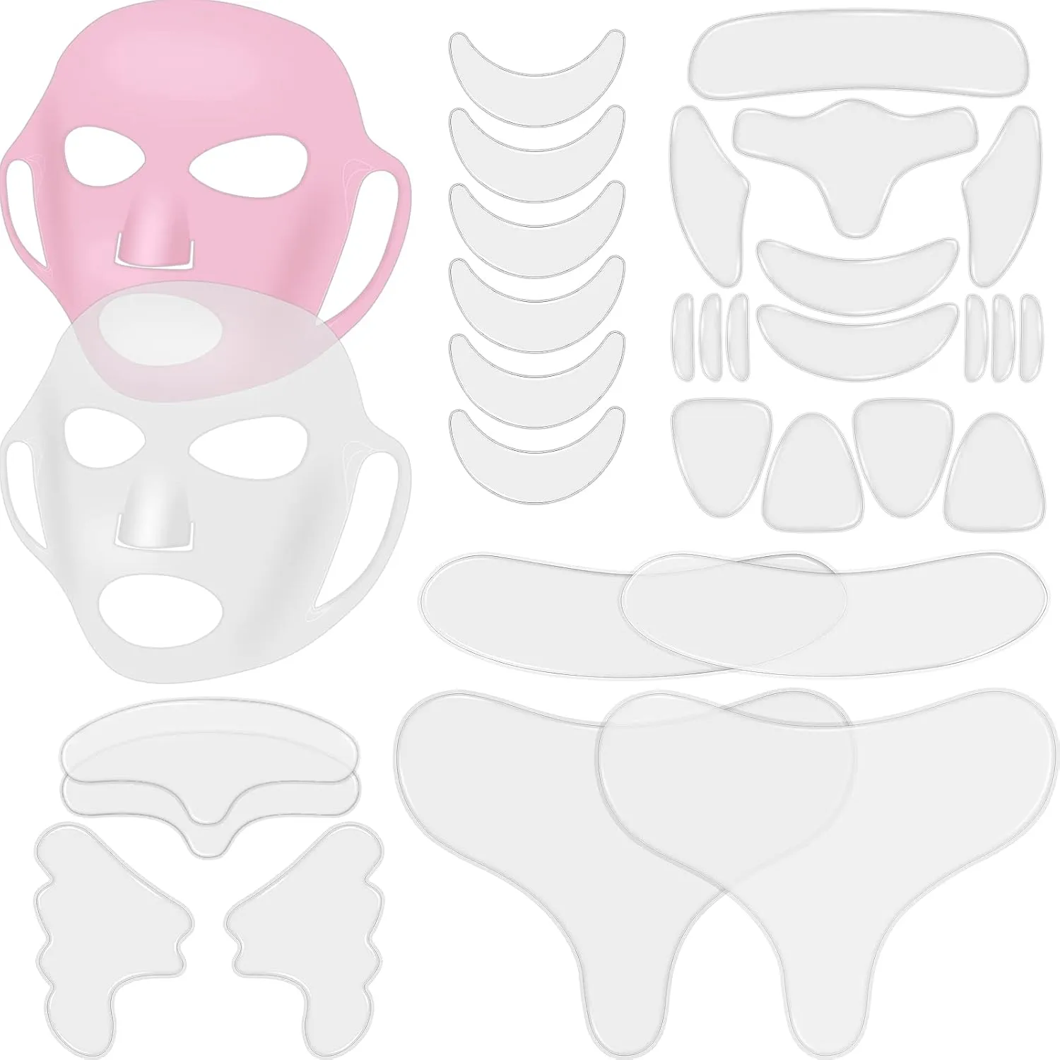 32 Pcs Facial Chest Neck Silicone Pad Reusable Face Forehead Patches Facial Sleeping Mask Cover for Smoothing Chest Neck Forehead Eye Mouth (Clear,Pink)