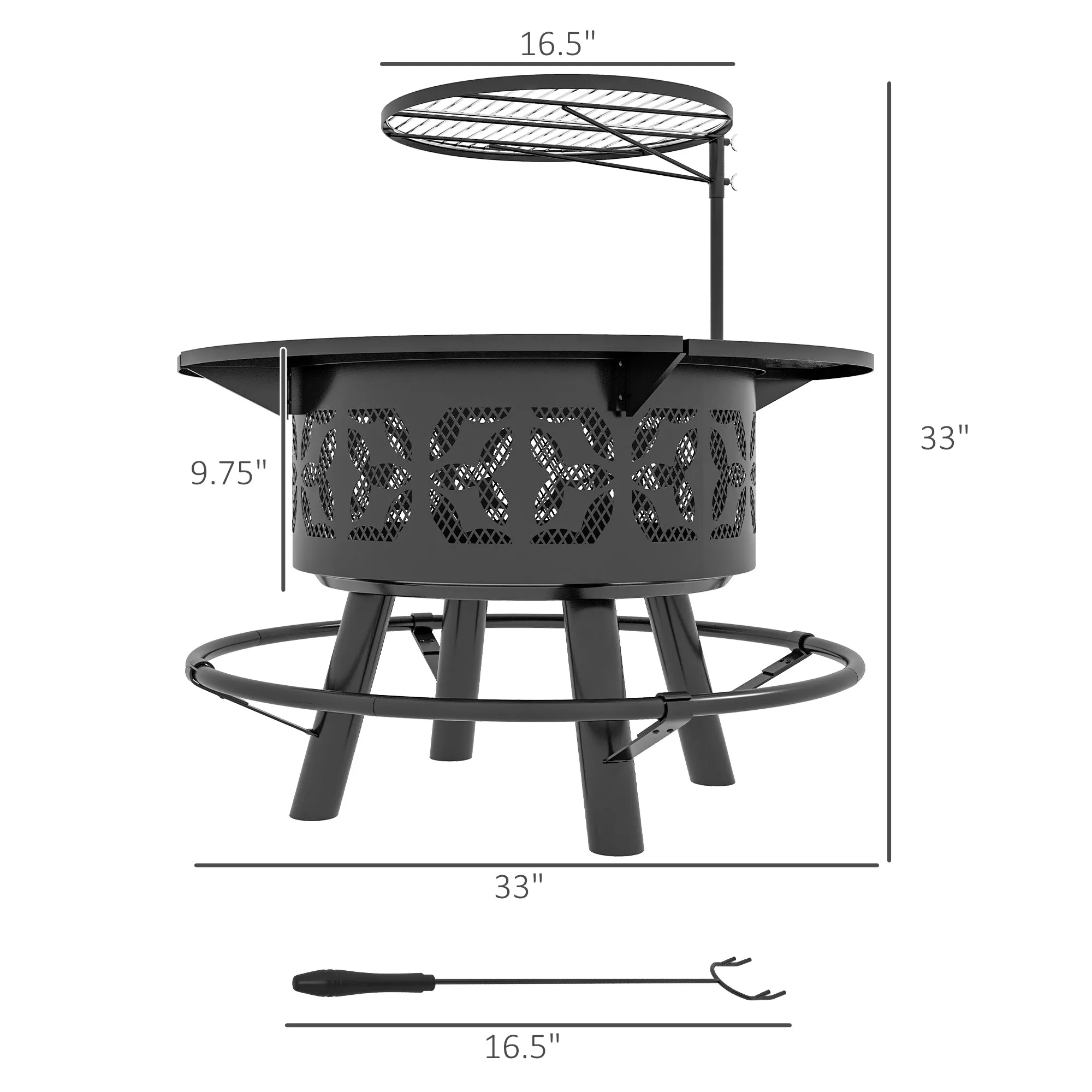 33" Portable Wood-Burning Fire Pit & Charcoal Grill with Cooking Grate, Black