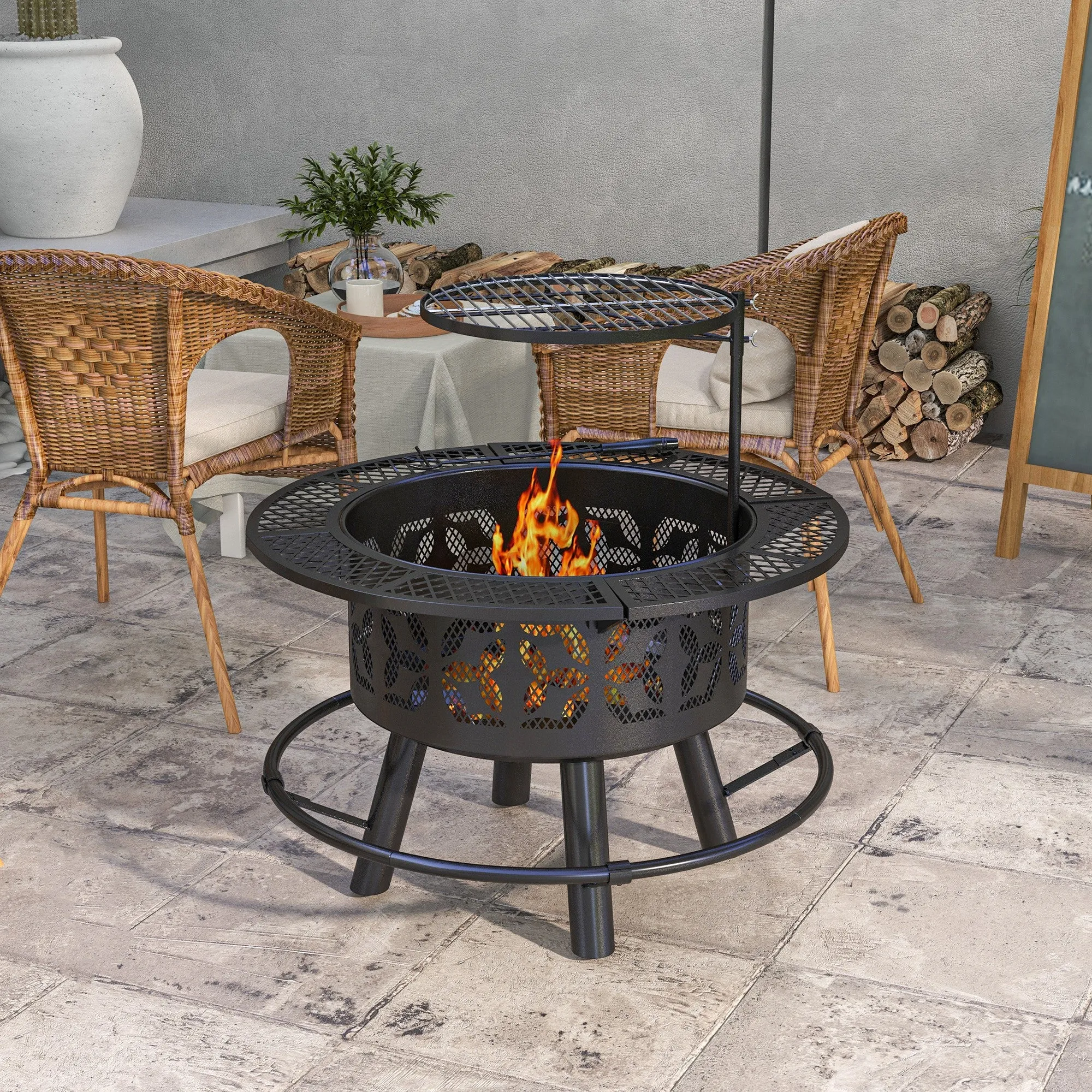 33" Portable Wood-Burning Fire Pit & Charcoal Grill with Cooking Grate, Black