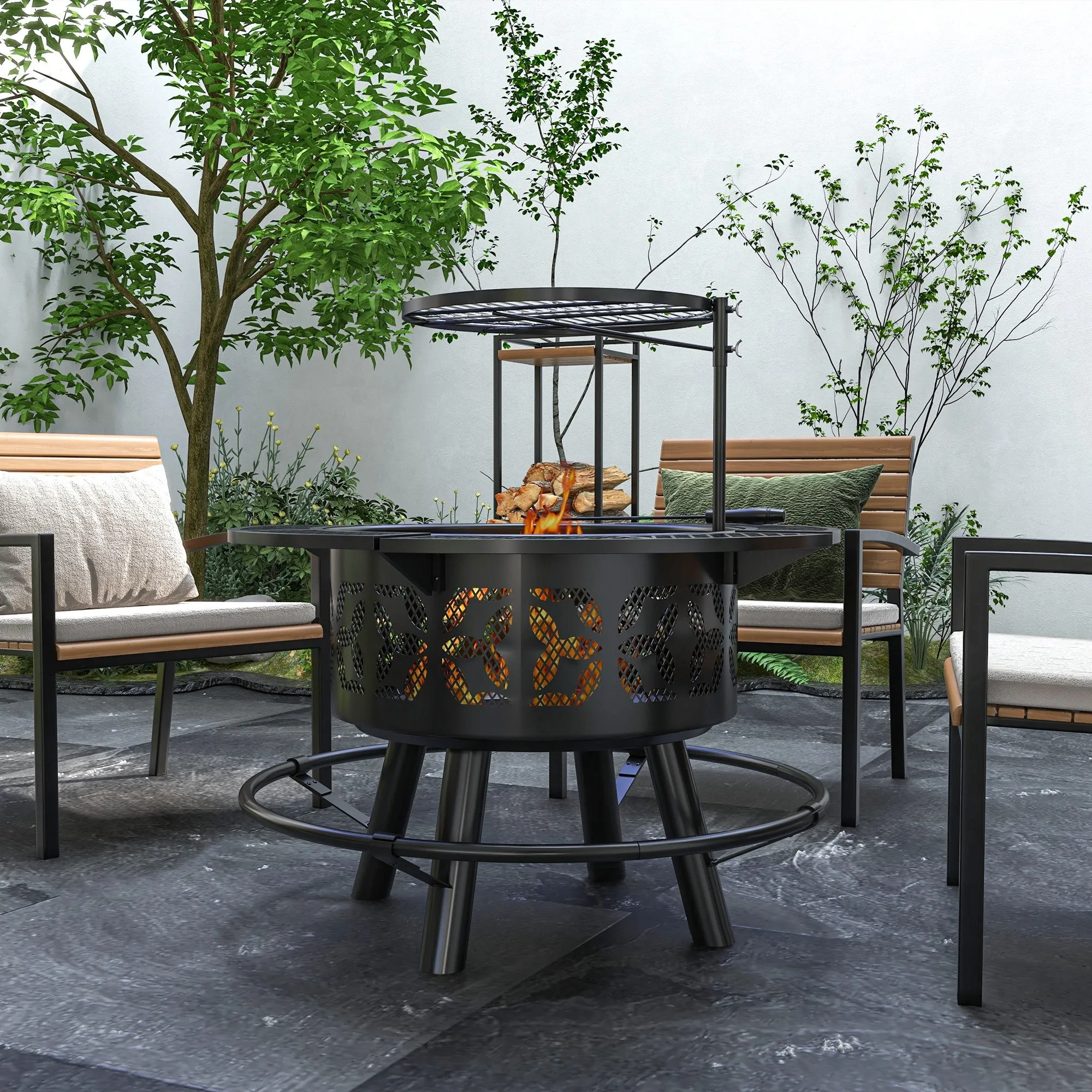 33" Portable Wood-Burning Fire Pit & Charcoal Grill with Cooking Grate, Black