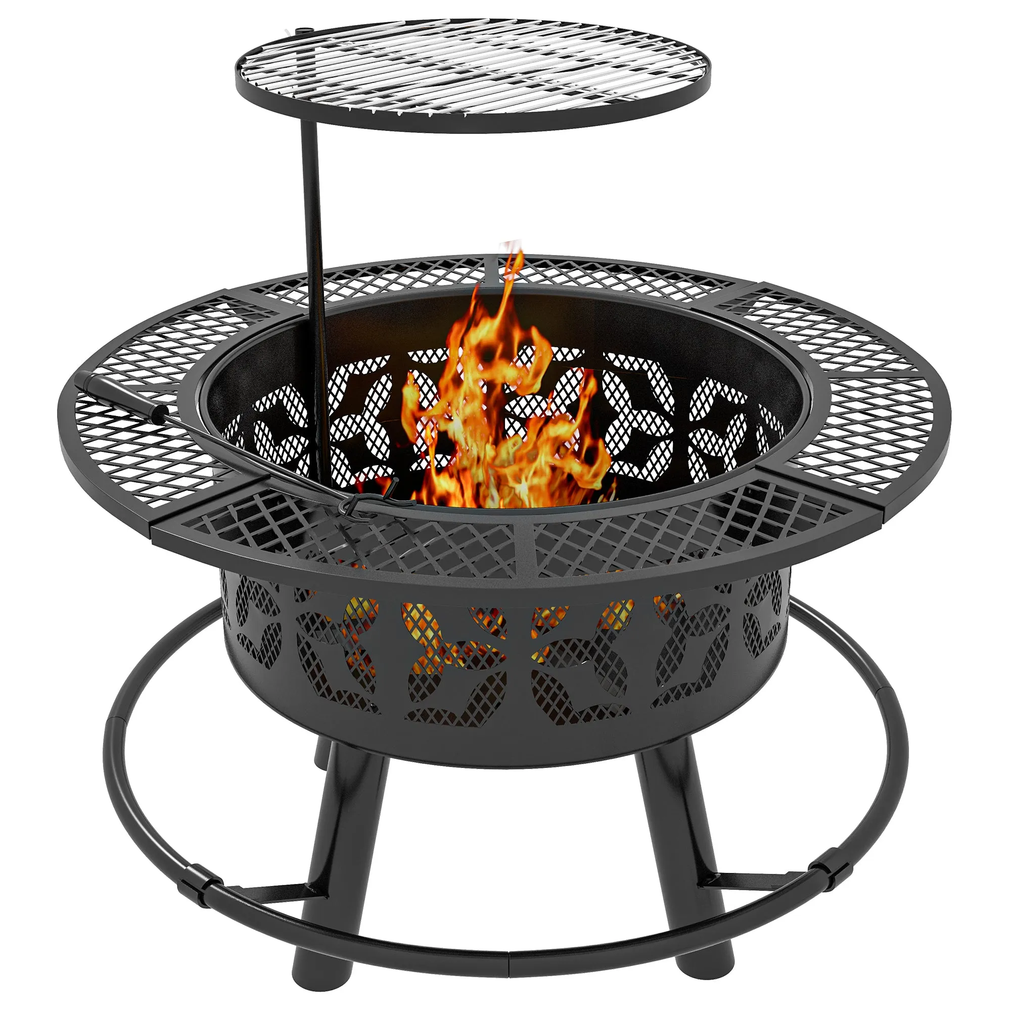 33" Portable Wood-Burning Fire Pit & Charcoal Grill with Cooking Grate, Black