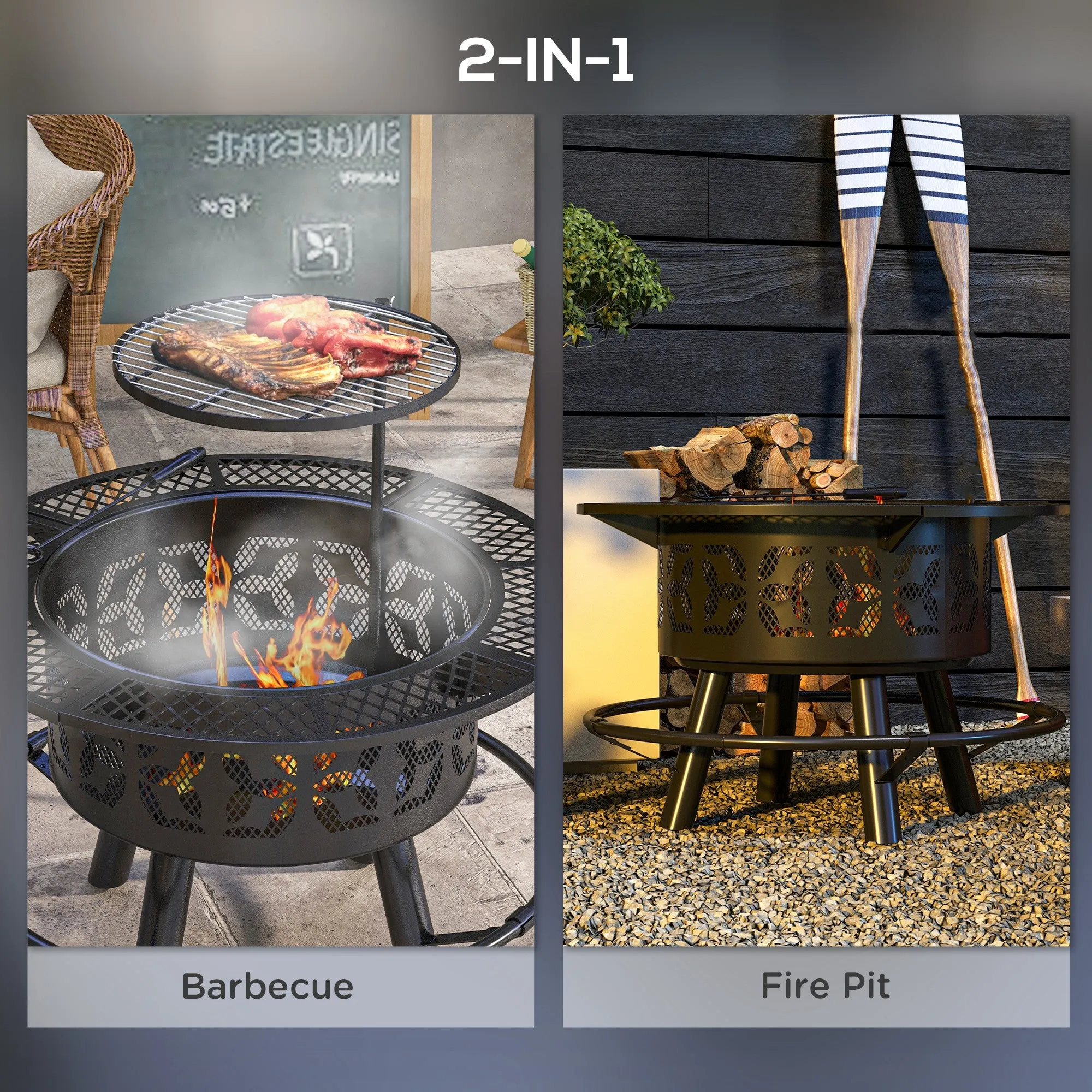33" Portable Wood-Burning Fire Pit & Charcoal Grill with Cooking Grate, Black