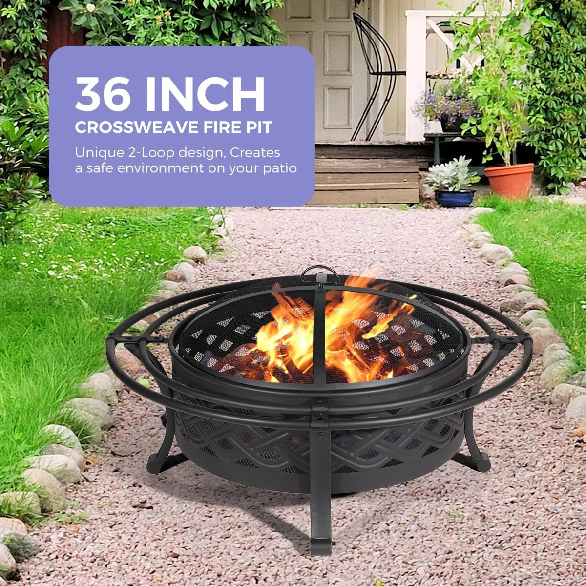 36 Inch Fire Pit with 2 Loops,Crossweave Wood Burning Fire Pits for Outside,with Spark Screen,Fire Poker,Round Outdoor Firepit for Patio,Yard,Garden,Camping,Bonfire,Black