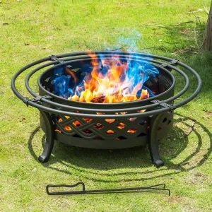 36 Inch Fire Pit with 2 Loops,Crossweave Wood Burning Fire Pits for Outside,with Spark Screen,Fire Poker,Round Outdoor Firepit for Patio,Yard,Garden,Camping,Bonfire,Black