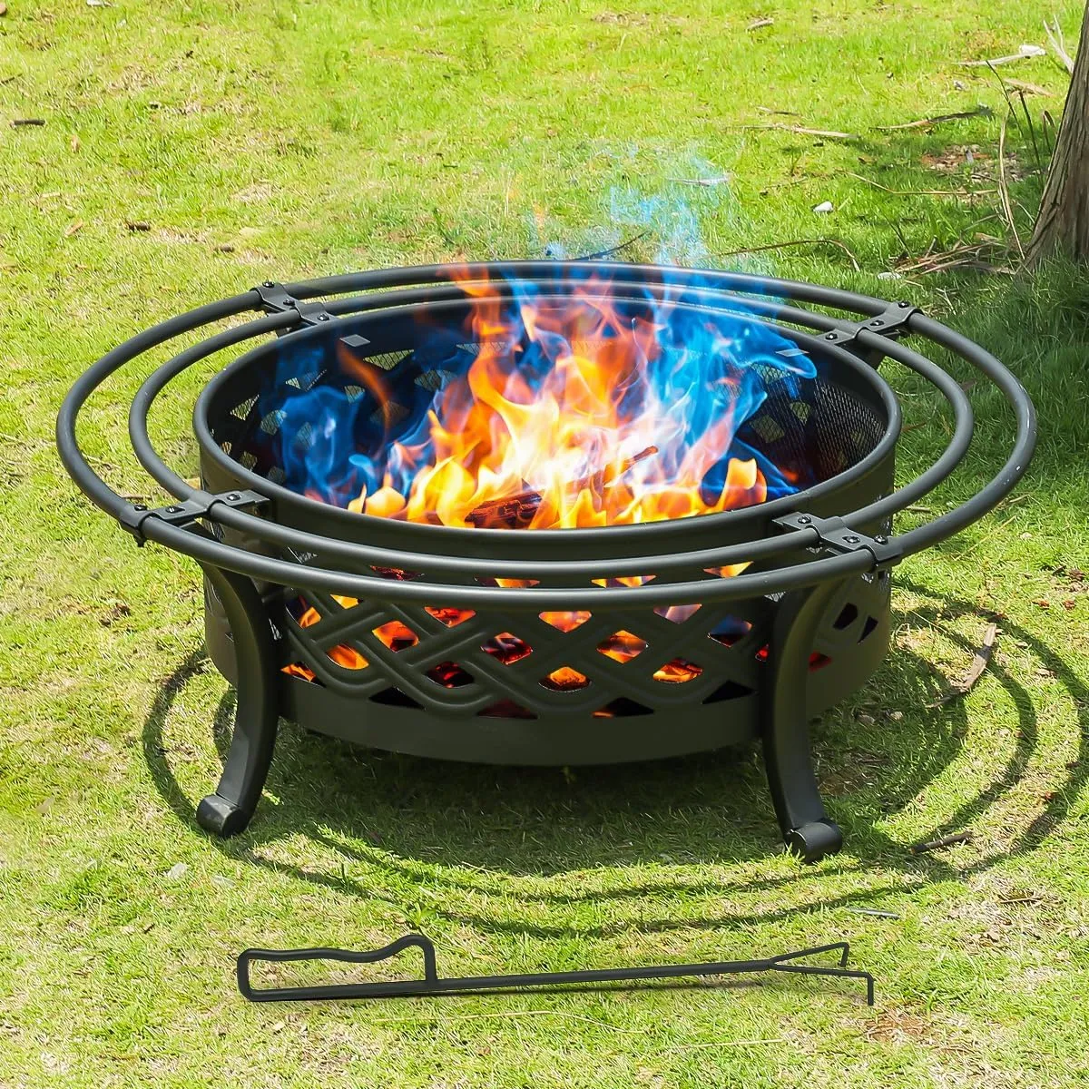 36 Inch Fire Pit with 2 Loops,Crossweave Wood Burning Fire Pits for Outside,with Spark Screen,Fire Poker,Round Outdoor Firepit for Patio,Yard,Garden,Camping,Bonfire,Black