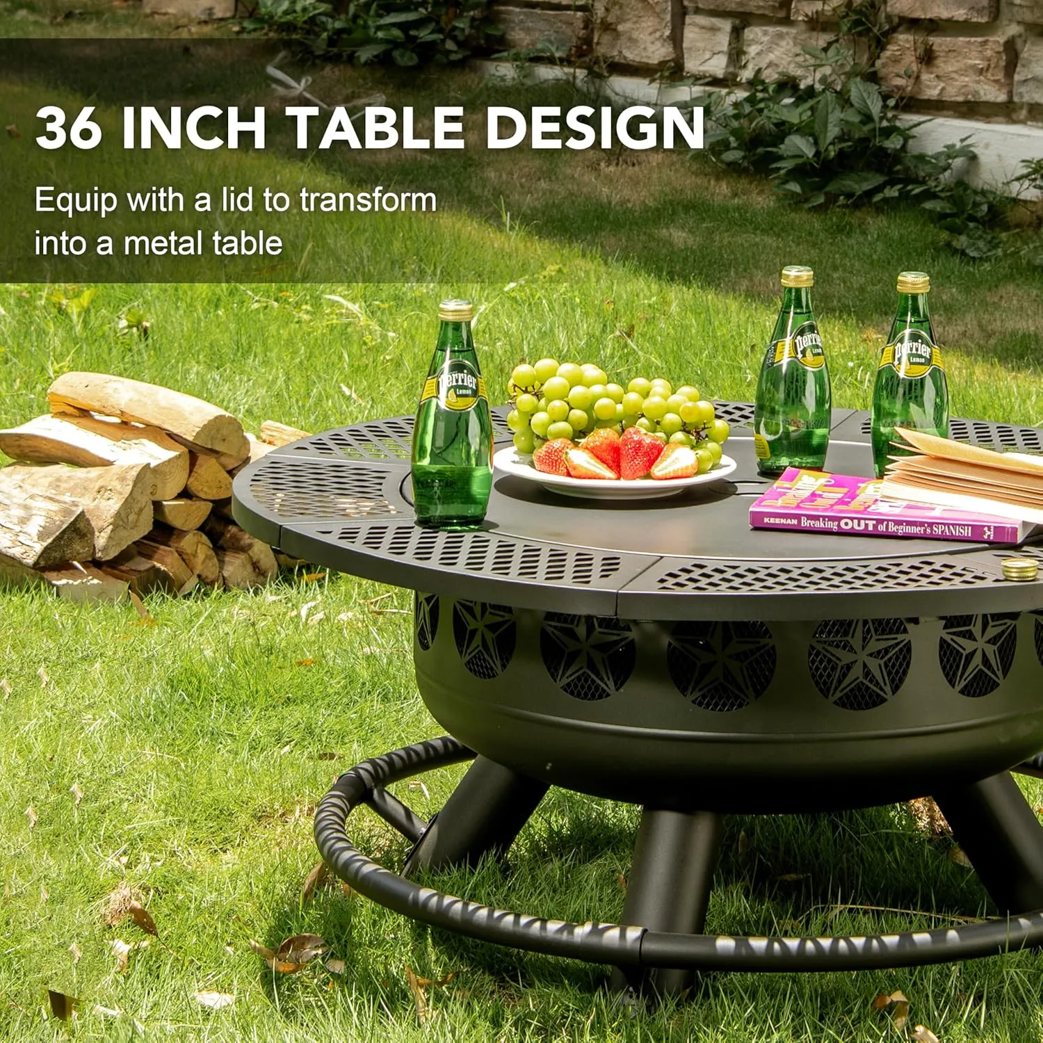 36 Inch Fire Pit with Cooking Grill,Outdoor Wood Burning BBQ Firepit with Lid, 3-in-1 Outdoor Fire Pit for Backyard Deck Bonfire Patio Picnic