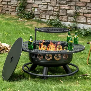 36 Inch Fire Pit with Cooking Grill,Outdoor Wood Burning BBQ Firepit with Lid, 3-in-1 Outdoor Fire Pit for Backyard Deck Bonfire Patio Picnic