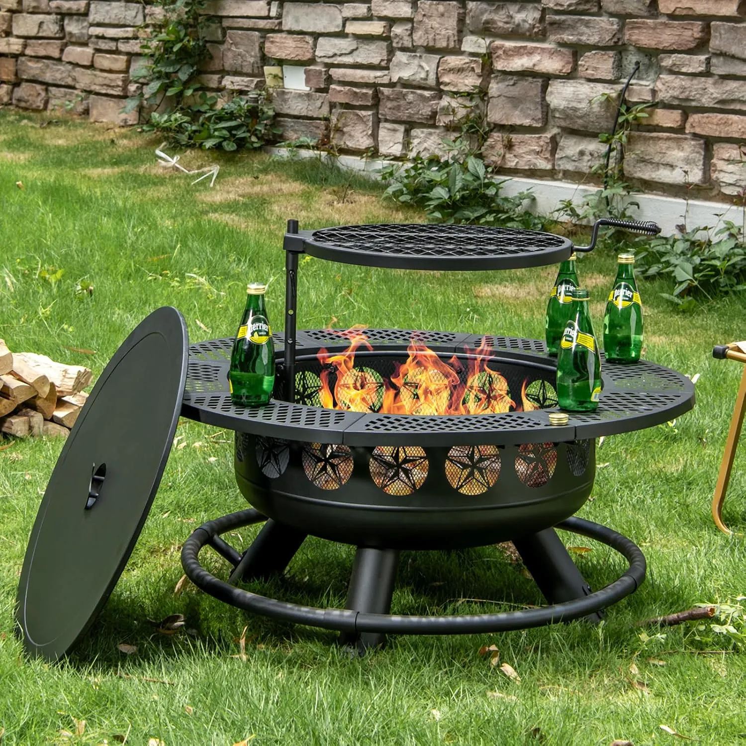 36 Inch Fire Pit with Cooking Grill,Outdoor Wood Burning BBQ Firepit with Lid, 3-in-1 Outdoor Fire Pit for Backyard Deck Bonfire Patio Picnic