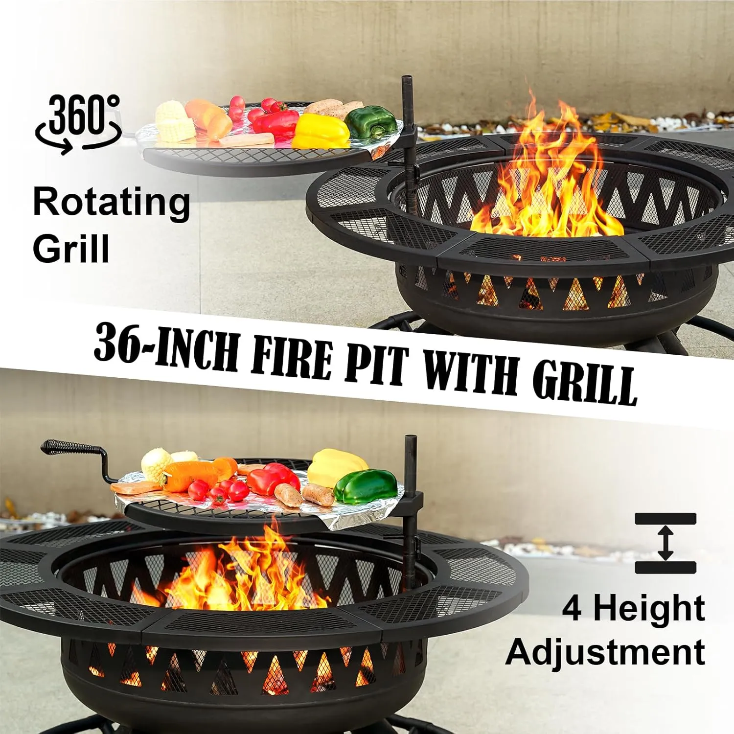 36 Inch Fire Pit with Grill & Lid, Outdoor Metal Wood Burning Fire Pit for Patio, 3 in 1 Large Firepit with Spark Screen & Fire Poker for Backyard Garden Bonfire