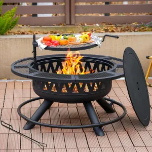 36 Inch Fire Pit with Grill & Lid, Outdoor Metal Wood Burning Fire Pit for Patio, 3 in 1 Large Firepit with Spark Screen & Fire Poker for Backyard Garden Bonfire