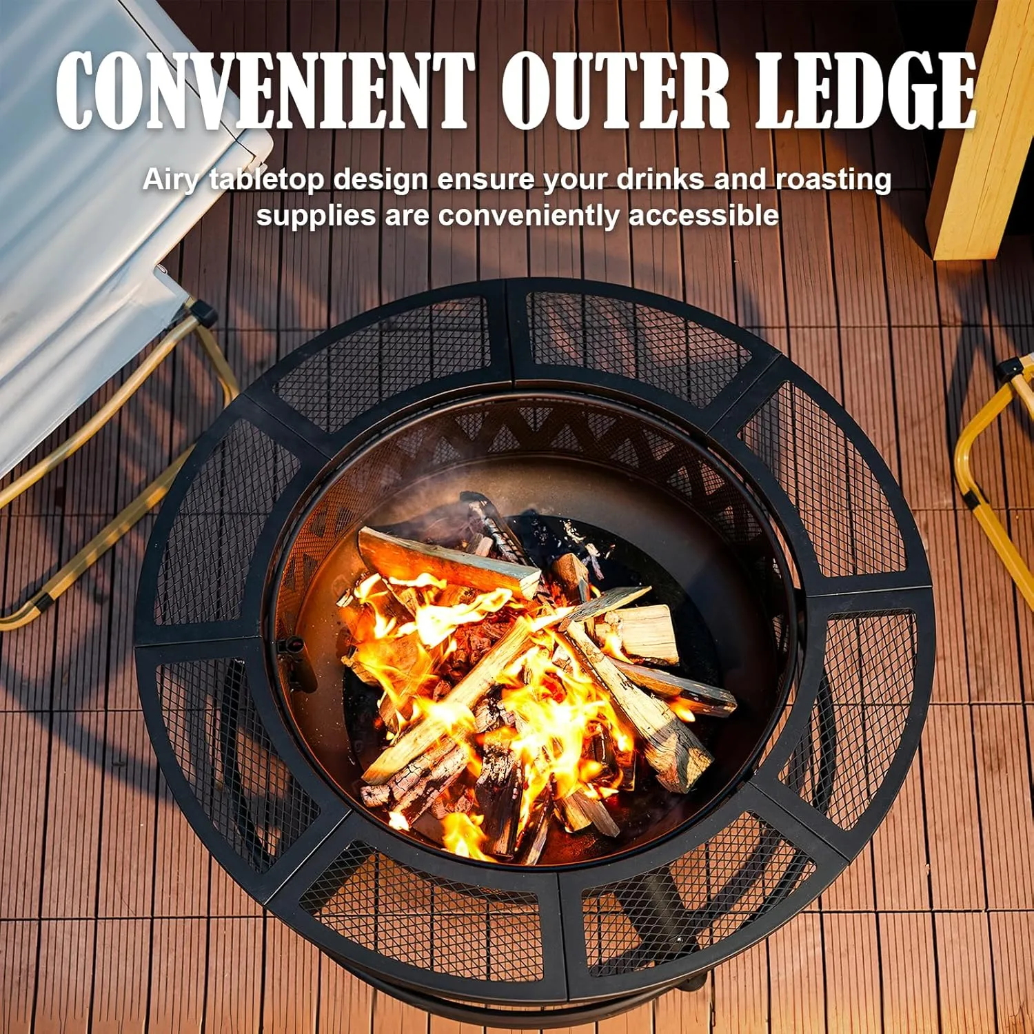 36 Inch Fire Pit with Grill & Lid, Outdoor Metal Wood Burning Fire Pit for Patio, 3 in 1 Large Firepit with Spark Screen & Fire Poker for Backyard Garden Bonfire