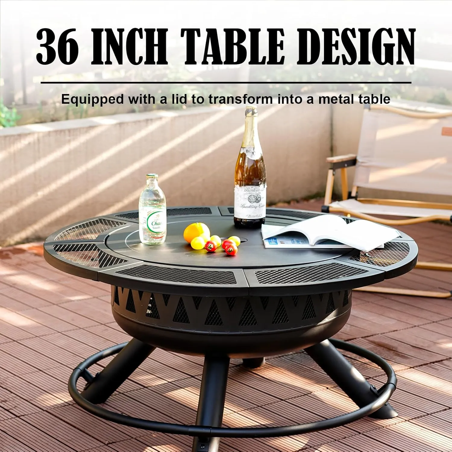 36 Inch Fire Pit with Grill & Lid, Outdoor Metal Wood Burning Fire Pit for Patio, 3 in 1 Large Firepit with Spark Screen & Fire Poker for Backyard Garden Bonfire