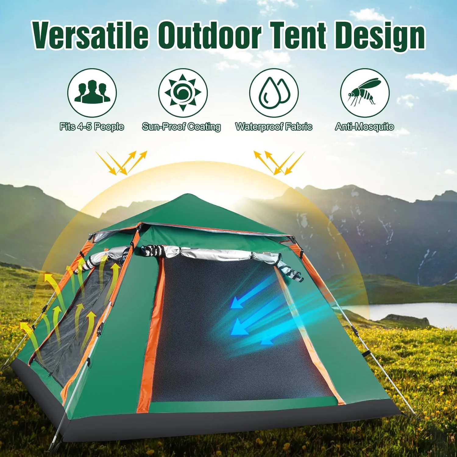 4-5 Person Camping Tent Outdoor Foldable Waterproof Tent with 2 Mosquito Nets Windows Carrying Bag for Hiking Climbing Adventure Fishing
