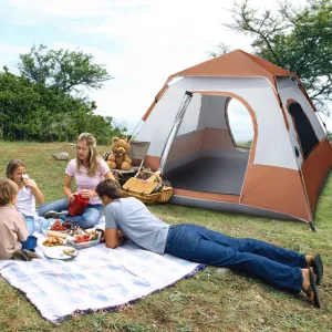 4 Person Camping Tent, Quick Opening Family Tent with Removable Rainfly and Carry Bag, 2 Large Doors with Dual Zippers and 2 Ground Vents, Portable Outdoor Tent for Hiking and Mountaineering, Brown
