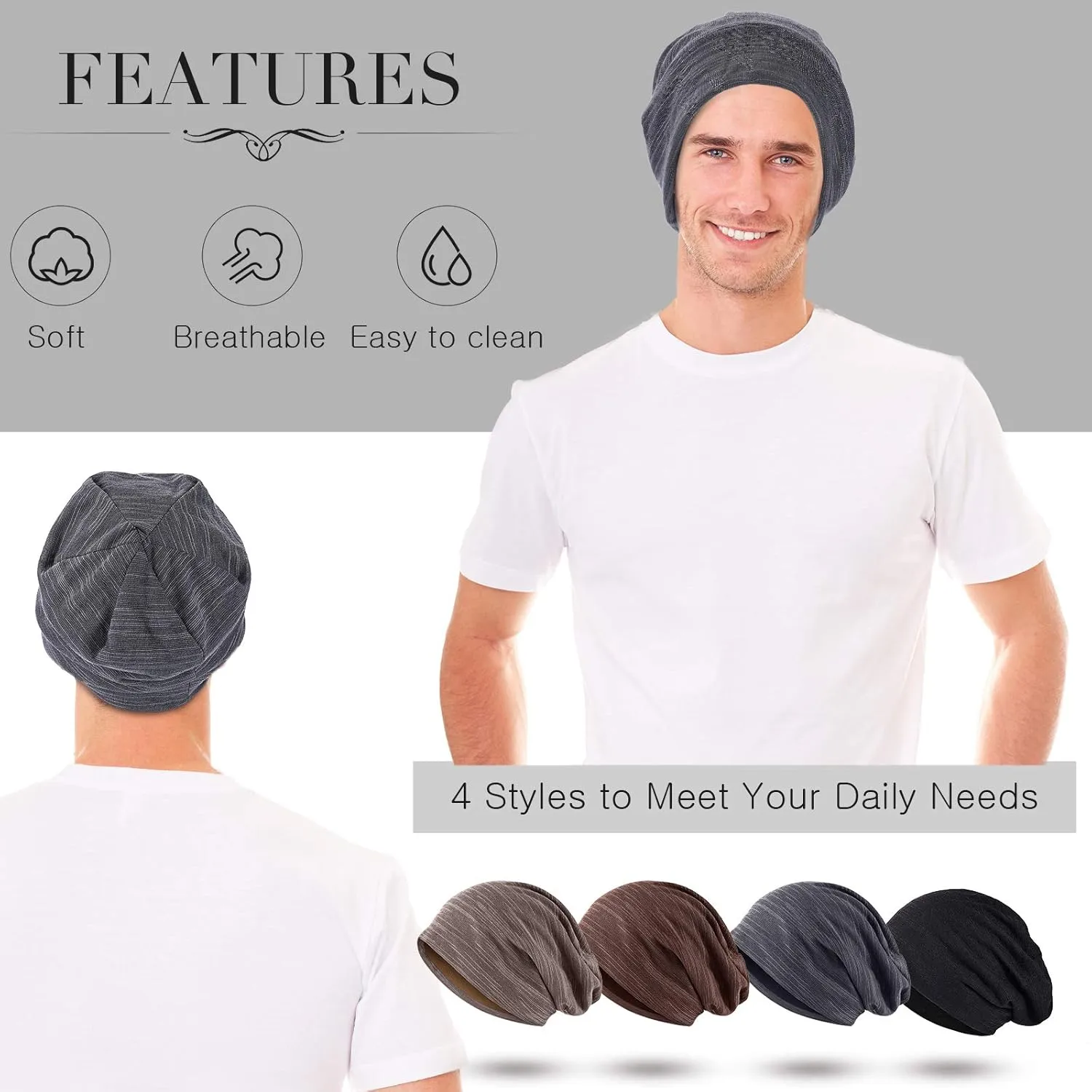 4 Pieces Slouchy Beanie Hat Sleeping Cap Baggy Skull Knit Sleeping Hat Headwear Head Wrap Cap for Men Women