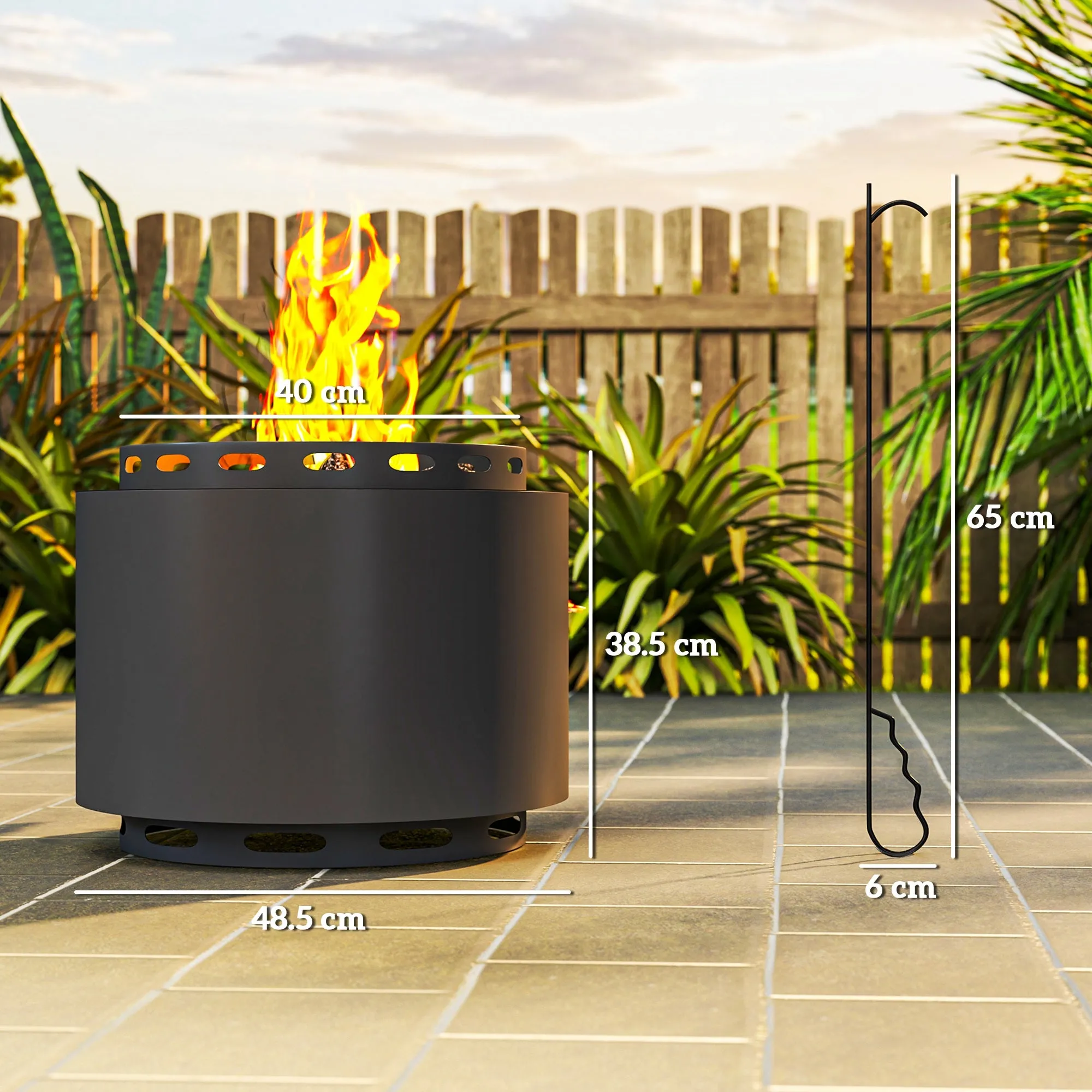 48.5cm Portable Wood Burning Firepit with Poker for Camping, Bonfire Party, Dark Grey