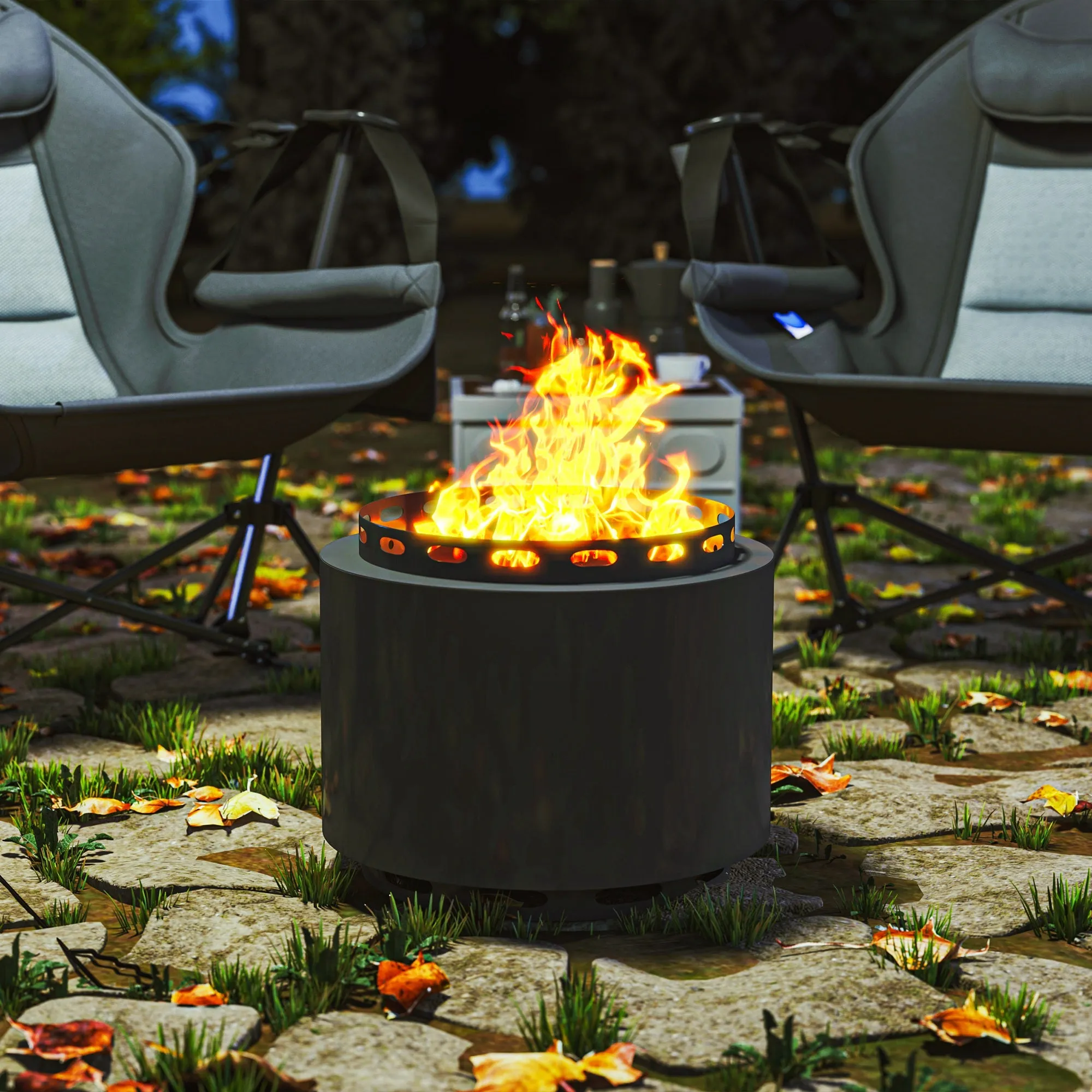 48.5cm Portable Wood Burning Firepit with Poker for Camping, Bonfire Party, Dark Grey