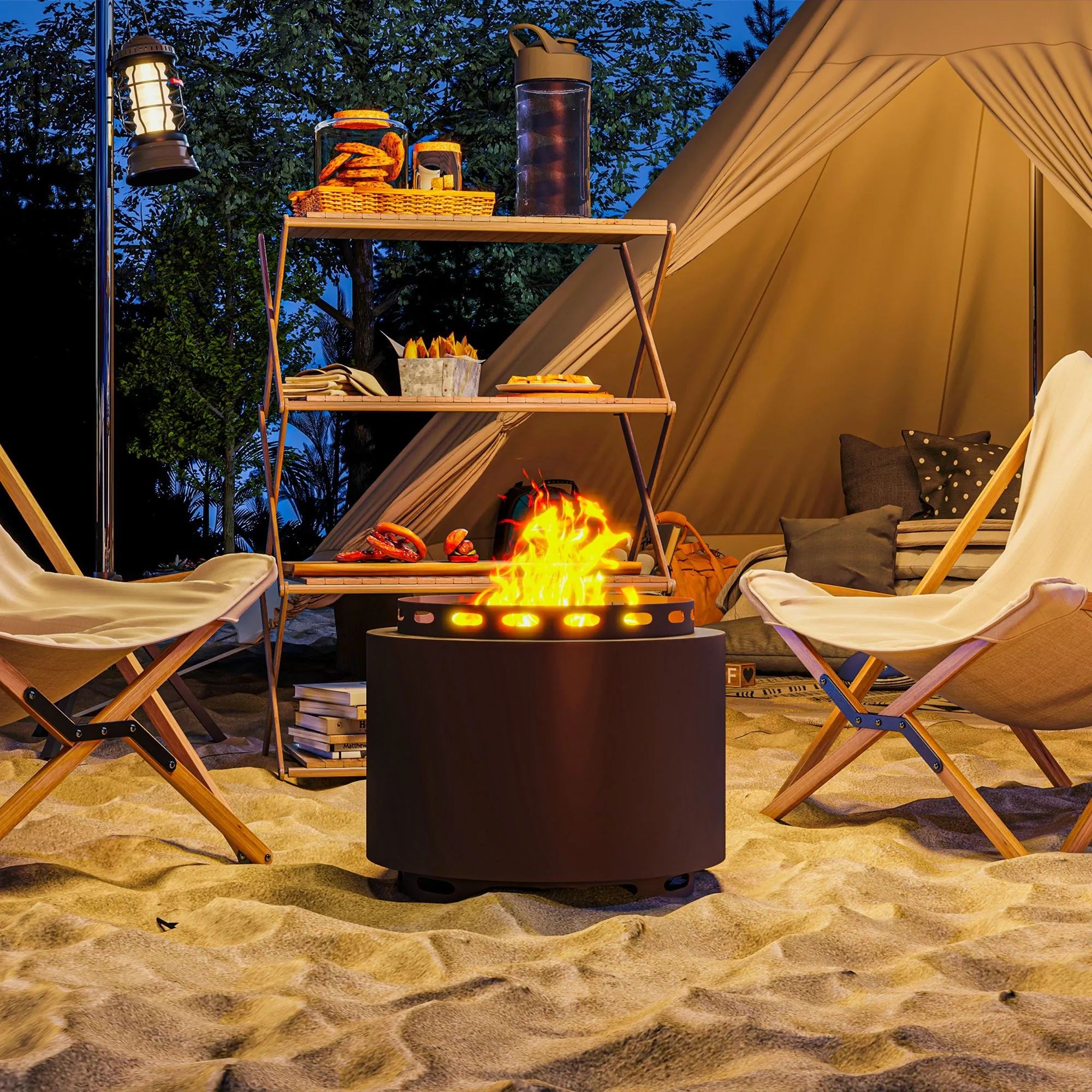 48.5cm Portable Wood Burning Firepit with Poker for Camping, Bonfire Party, Dark Grey