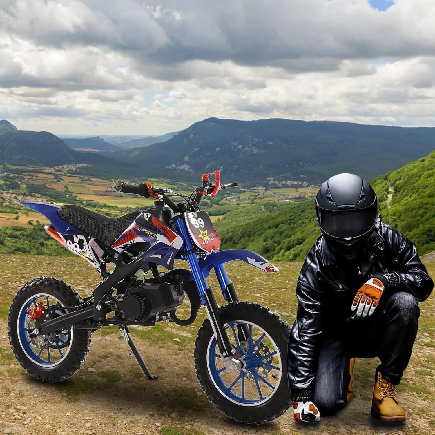 49CC 2-Stroke Kids Mini Dirt Bike,Gas Powered Off-Road Pull Start Motorcycle, Pocket Pit Trail Bikes EPA Approved Upgrade Pit Bike Mini Motorbike Off Road Tires, Front Rear Disc Brakes Blue
