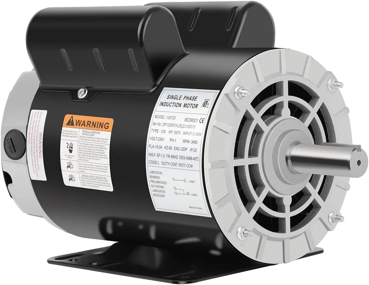 5 HP SPL Air Compressor Motor, 3450 RPM Electric Motor, 230V Single Phase Motor, 56HZ Frame 7/8" Keyed Shaft 60 Hz, Commercial-Duty CCW Rotation, 2.25" Shaft Length for Air Compressors