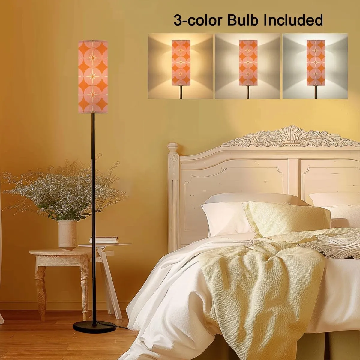 50s Mid Century Modern Seamless Pattern Modern Floor Lamp Minimalist Standing Lamps for Living Room LED Corner Lamp Remote Control Metal Pole Lamp for Bedroom, Reading