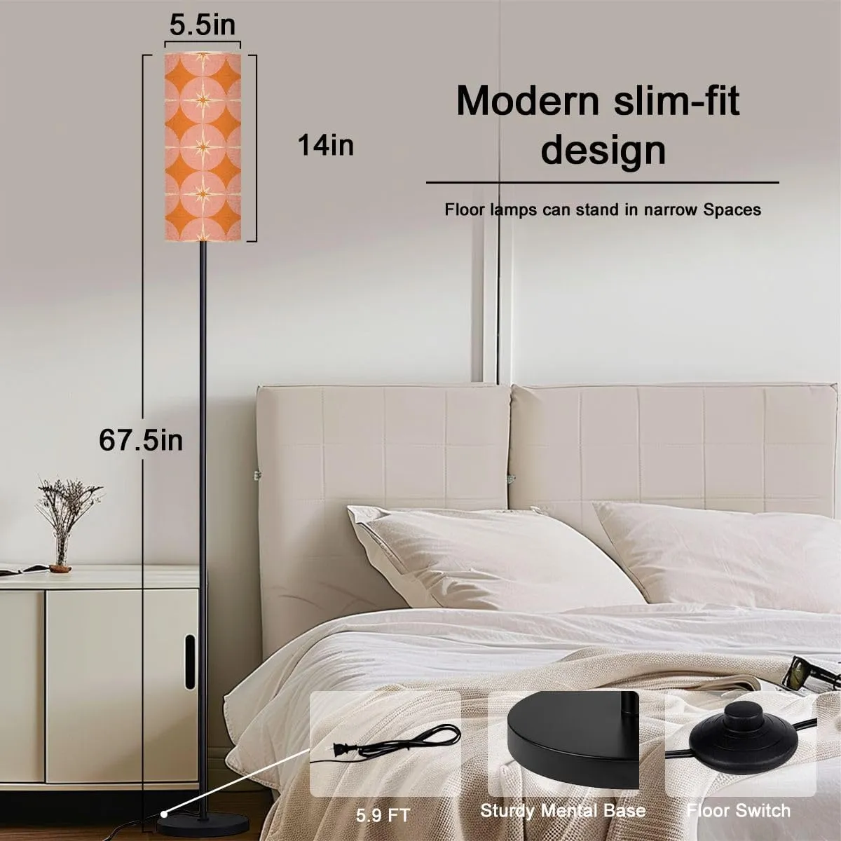 50s Mid Century Modern Seamless Pattern Modern Floor Lamp Minimalist Standing Lamps for Living Room LED Corner Lamp Remote Control Metal Pole Lamp for Bedroom, Reading