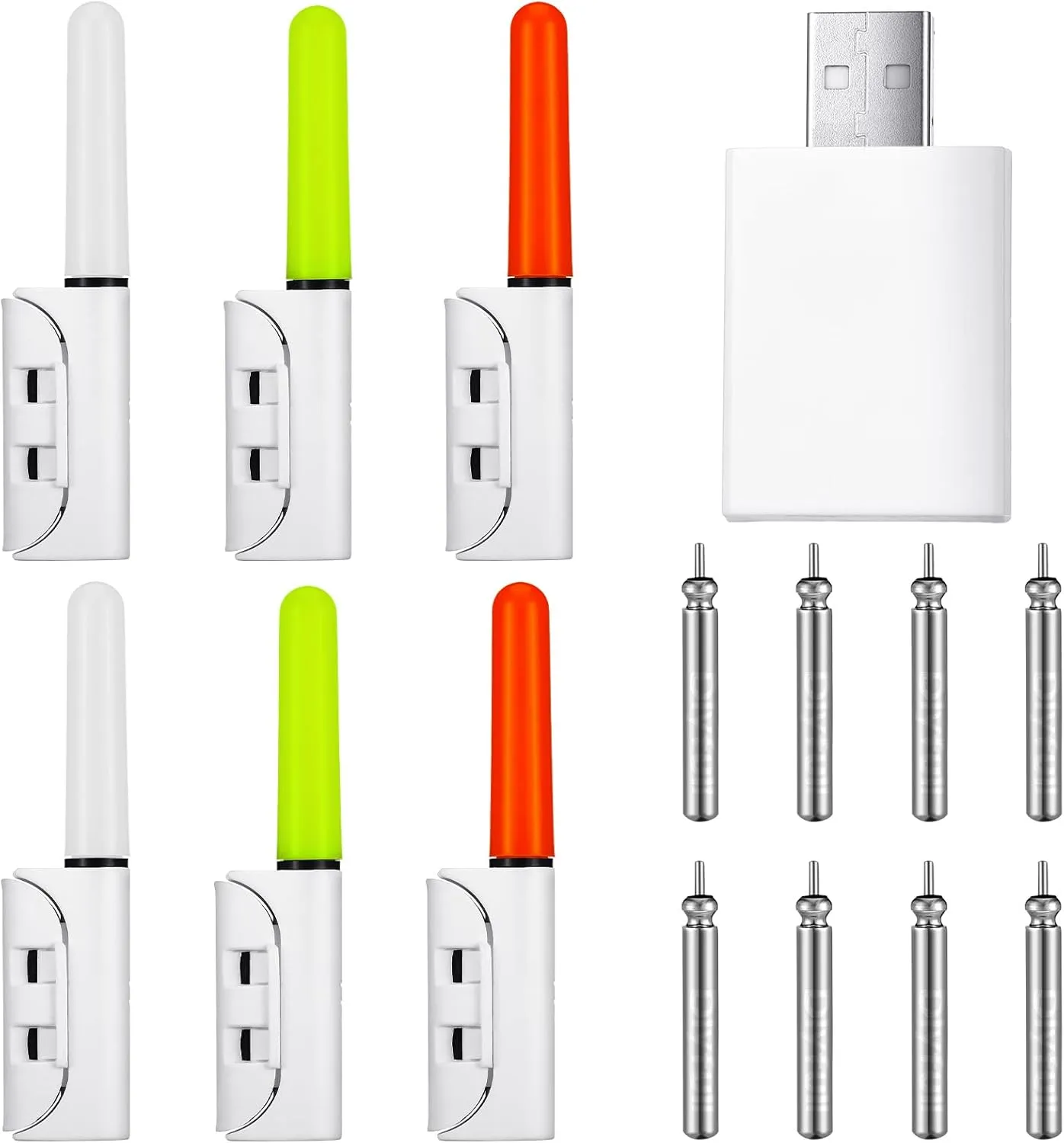 6 Pcs Fishing Glow Sticks LED Fishing Pole Light Night Fish Alert Glow Stick with 8 Pcs Rechargeable CR425 Battery and Battery Charger