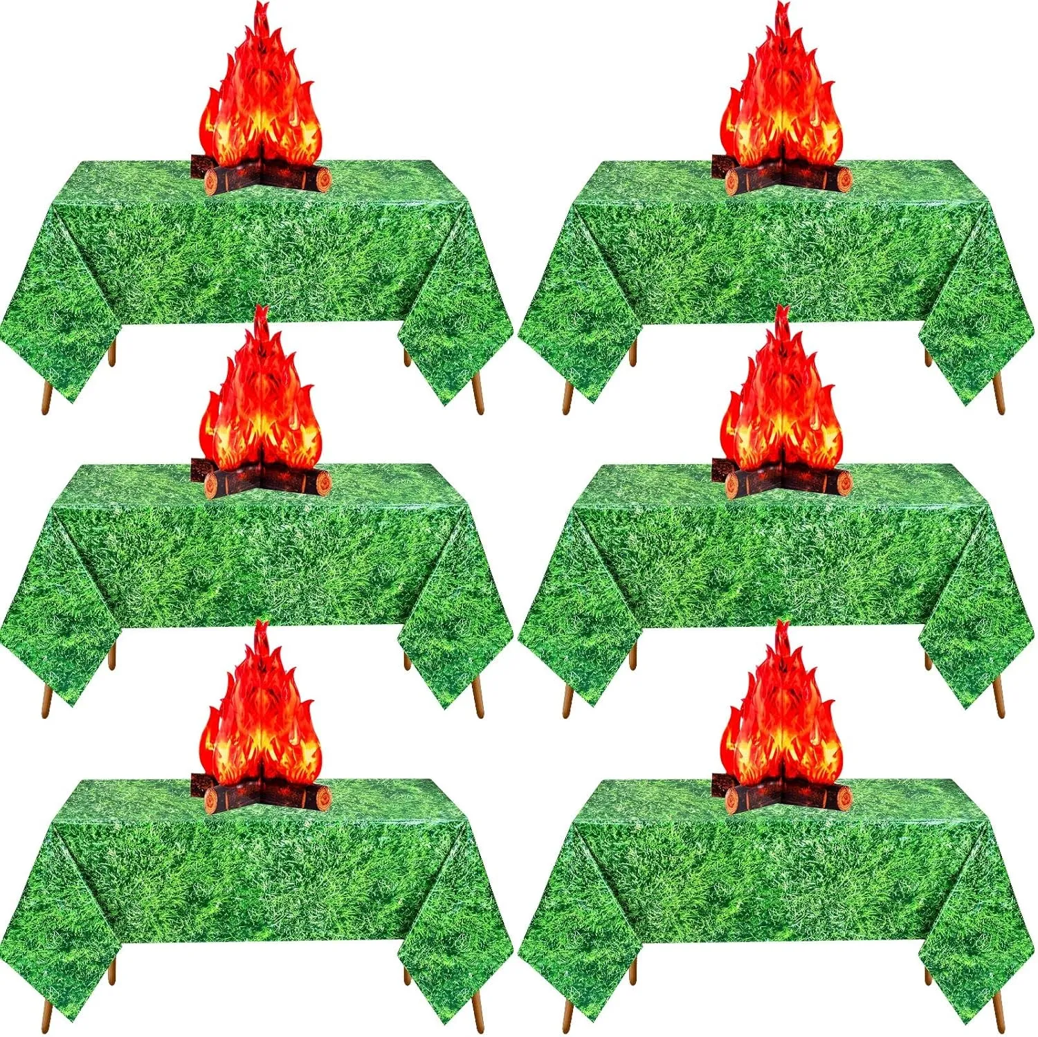 6 Set Camping Theme Party Decoration Green Grass Plastic Tablecloth Rectangle and 3D Fake Fire Campfire Decorative Cardboard Centerpiece for Camping Hiking Birthday Party