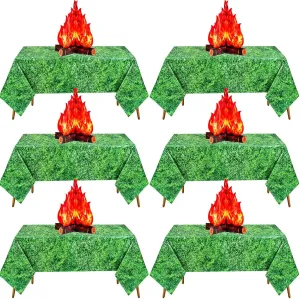 6 Set Camping Theme Party Decoration Green Grass Plastic Tablecloth Rectangle and 3D Fake Fire Campfire Decorative Cardboard Centerpiece for Camping Hiking Birthday Party