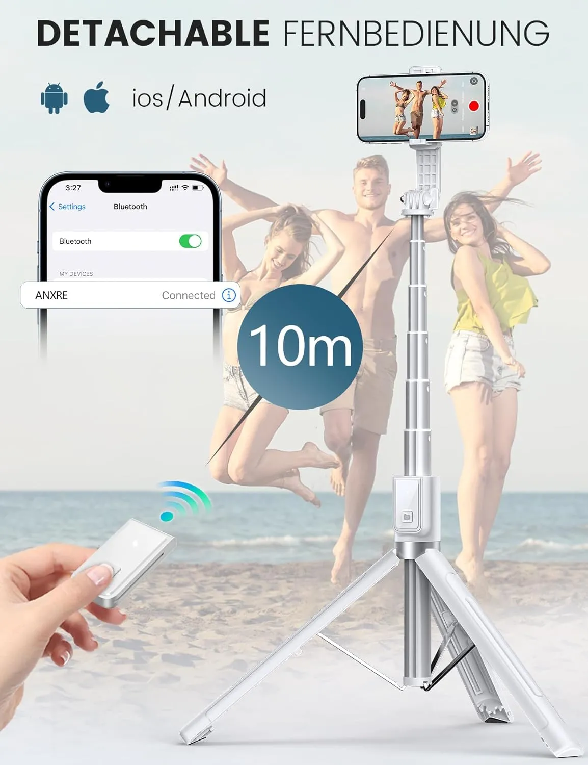 60'' Phone Tripod & Selfie Stick Tripod, [All in 1] Travel with Remote for Cell Compatible 4''-7'' iPhone Android Stand Vlogging B-White[60''＆Reinforced Stability] (ANXST04W)