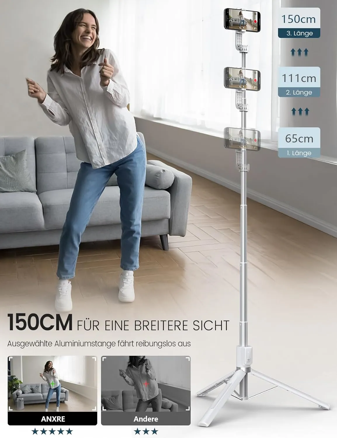 60'' Phone Tripod & Selfie Stick Tripod, [All in 1] Travel with Remote for Cell Compatible 4''-7'' iPhone Android Stand Vlogging B-White[60''＆Reinforced Stability] (ANXST04W)